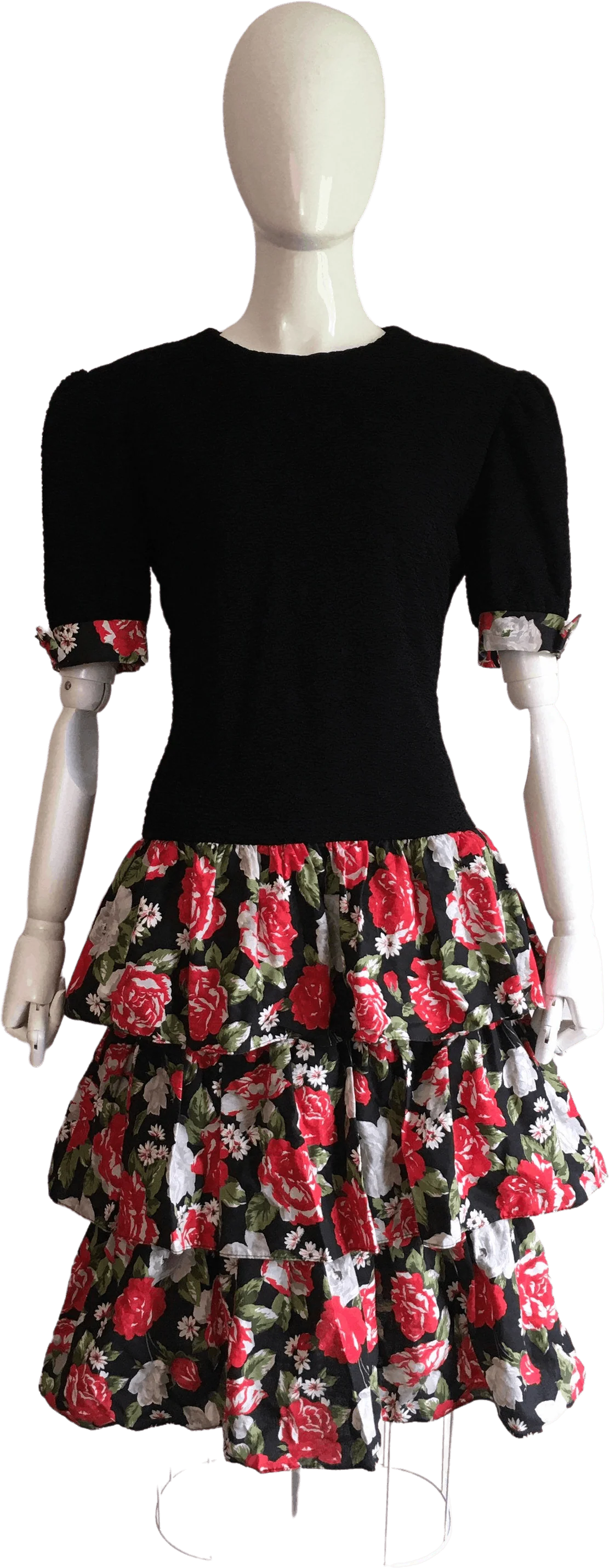 80's Black and Rose Print Ruffle Party Dress by David Warren Saks Fifth Avenue
