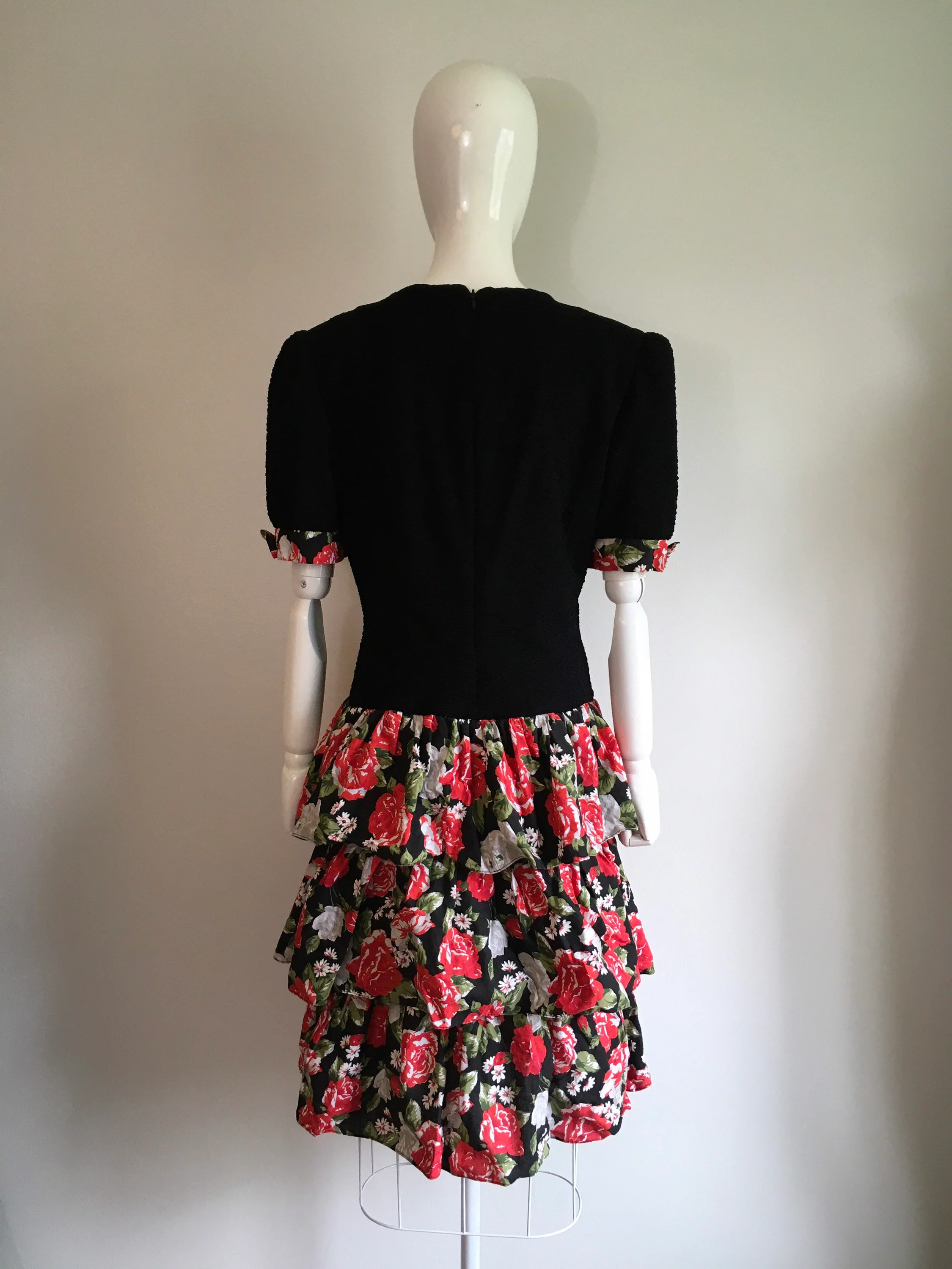80's Black and Rose Print Ruffle Party Dress by David Warren Saks Fifth Avenue - Image 2