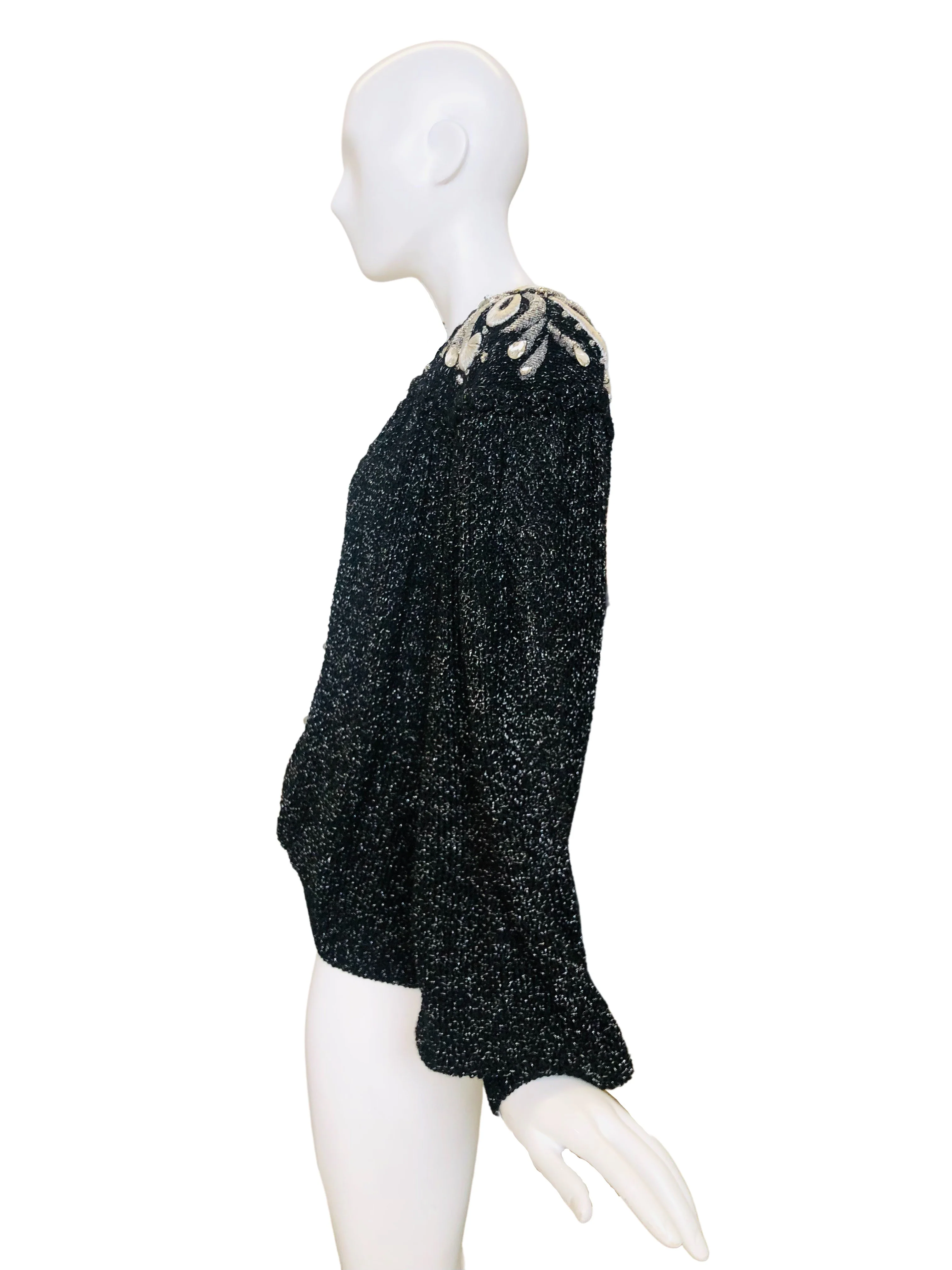 80s Black And Silver Embroidered Shoulder Cardigan - Image 4