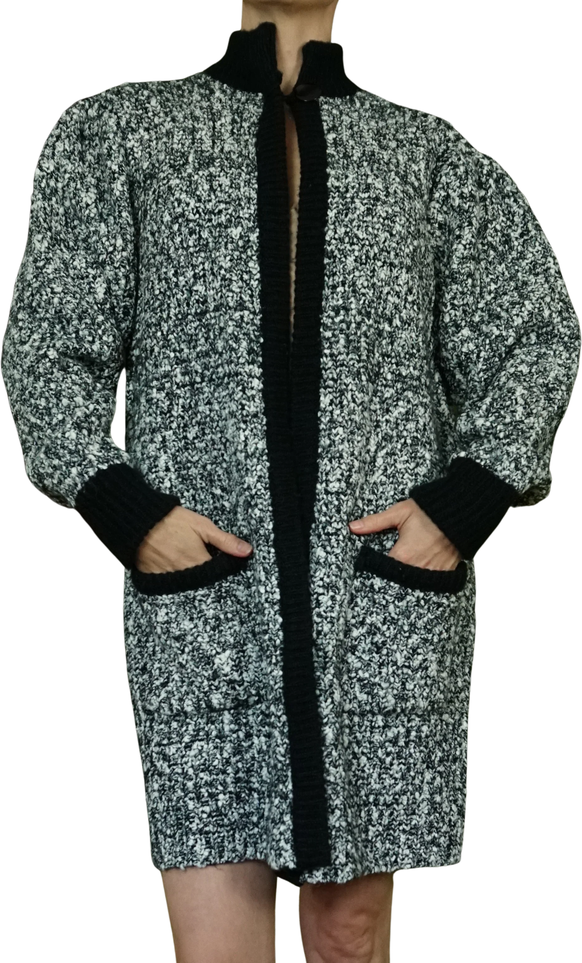 80s Black And White Marled Knit Chunky Long Cardigan By Monto Por Le Chois - Image 2