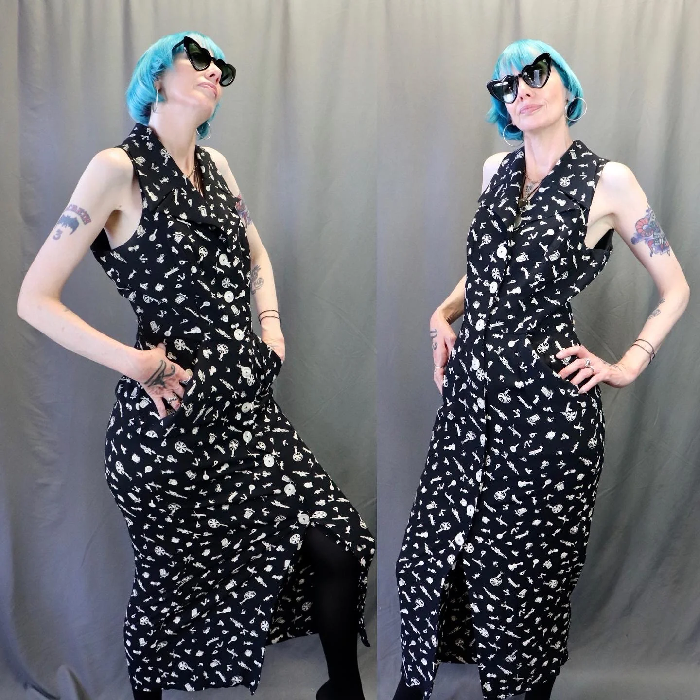 80s Black And White Shirt Dress With Child Toy Print By Sue Wong - Image 6