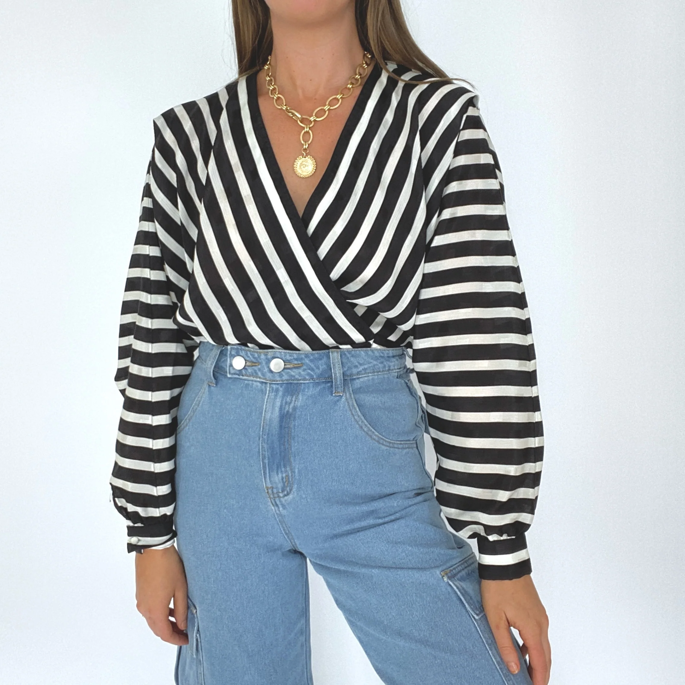 80s Black And White Striped Balloon Sleeve Wrap Blouse By Liz Claiborne - Image 5