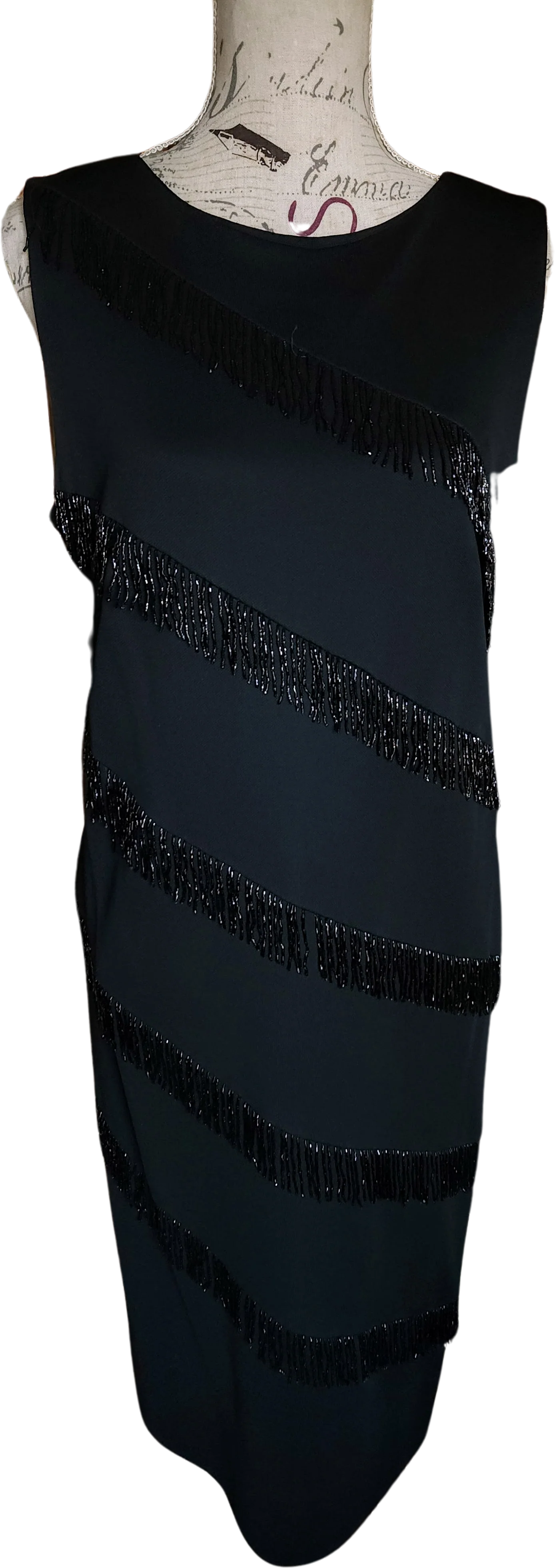 80s Black Asymetrical Bead Fringe Cocktail Dress By Daniélle California
