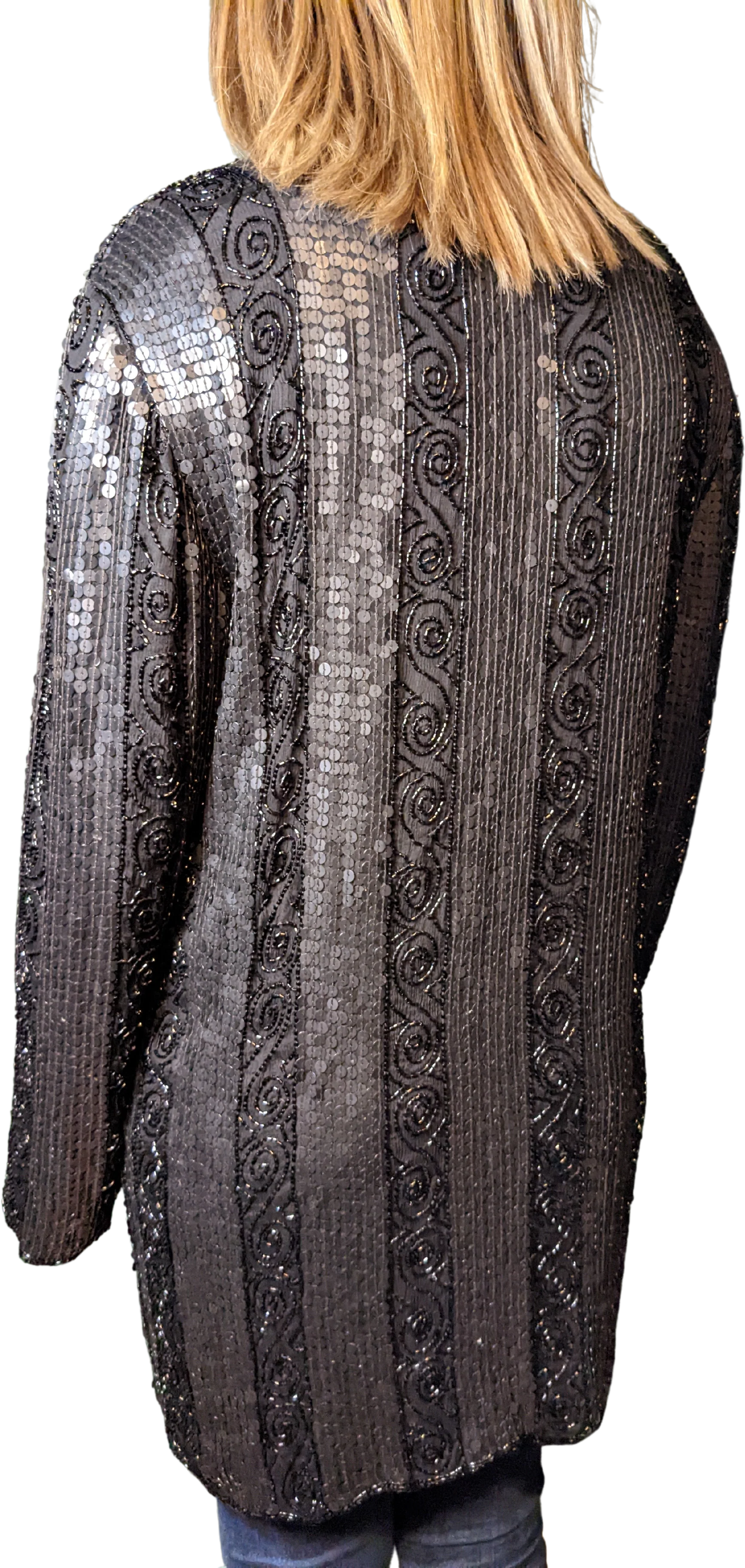 80s Black Beaded Sequin Silk Duster Top By Jewel Queen - Image 2
