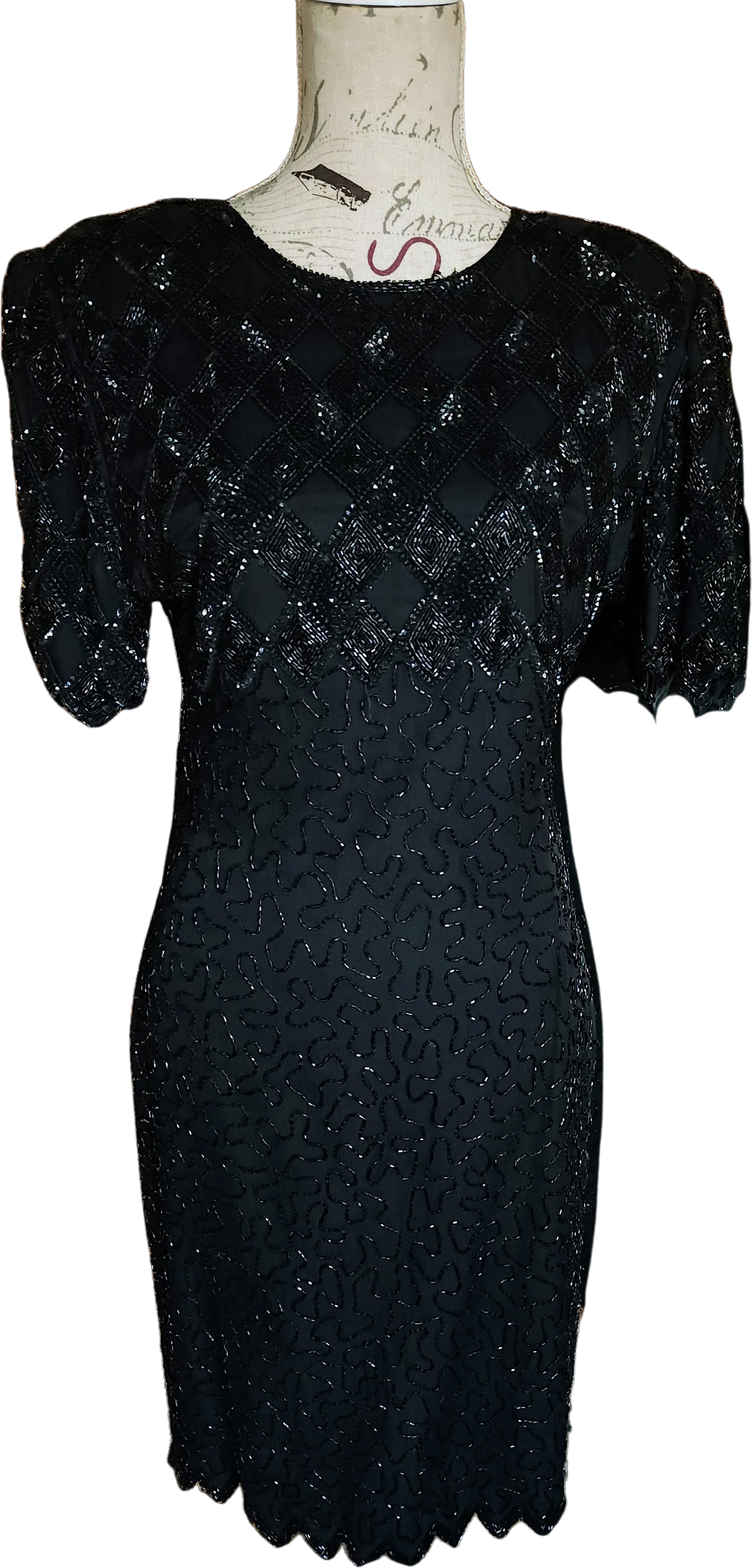 80s Black Beaded Silk Sheath Dress By Lauarence Kazar