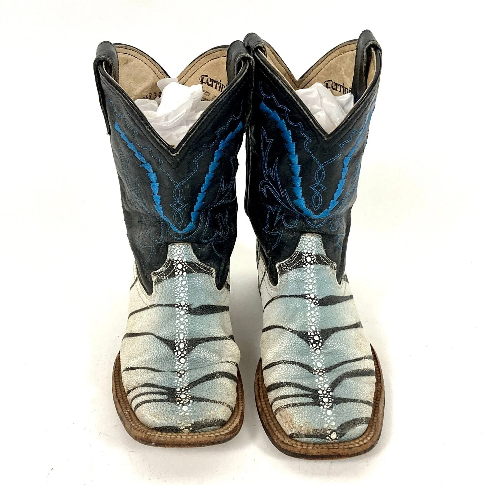 80s Black Blue Embroidered Cowboy Boots Stitch White Gray Boots Vintage by Ferrini - Image 3