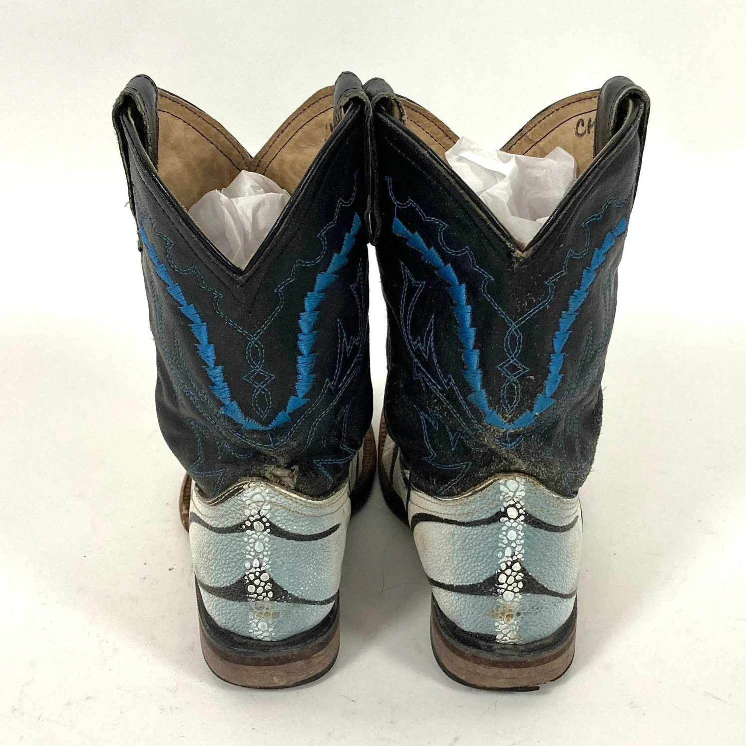 80s Black Blue Embroidered Cowboy Boots Stitch White Gray Boots Vintage by Ferrini - Image 4