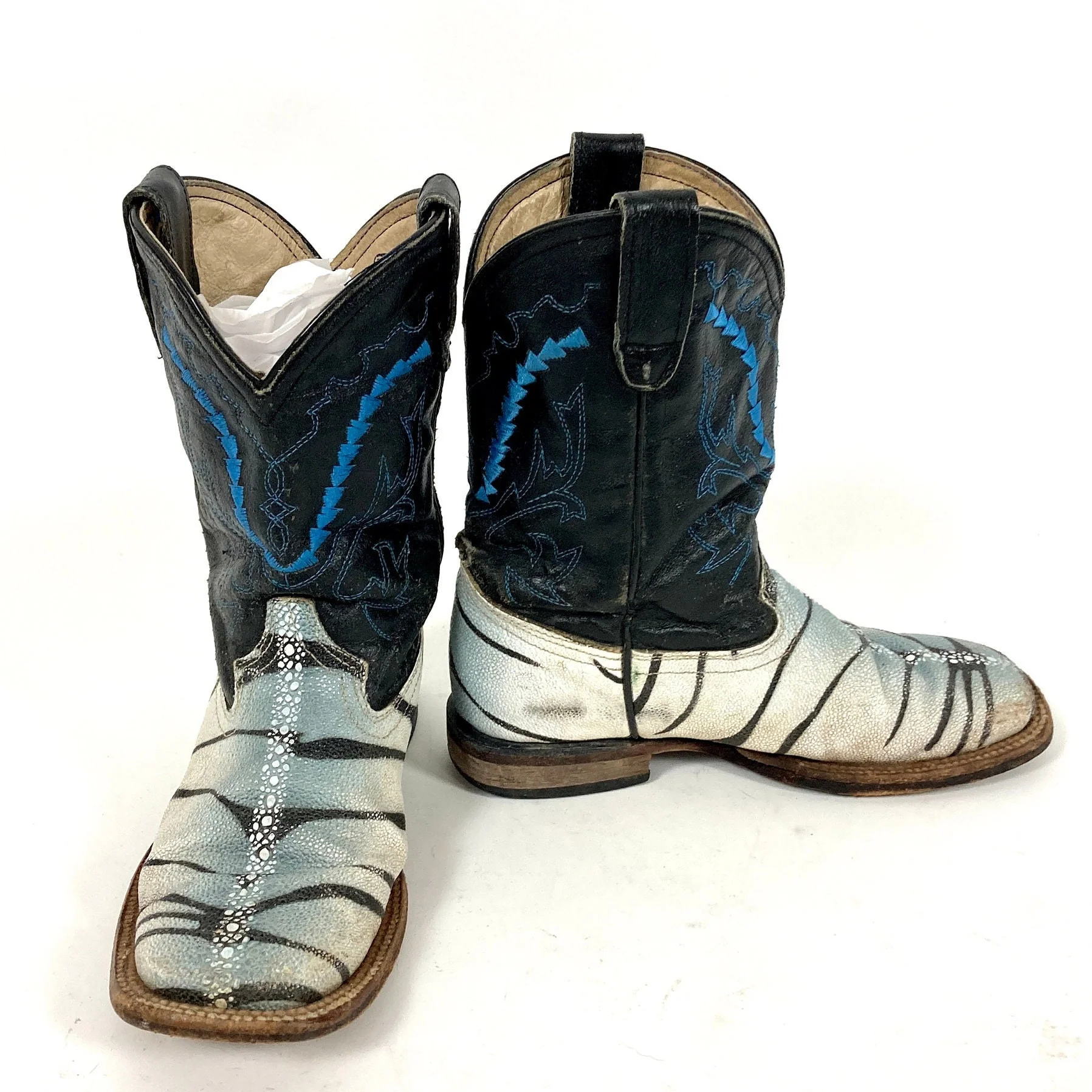 80s Black Blue Embroidered Cowboy Boots Stitch White Gray Boots Vintage by Ferrini - Image 6