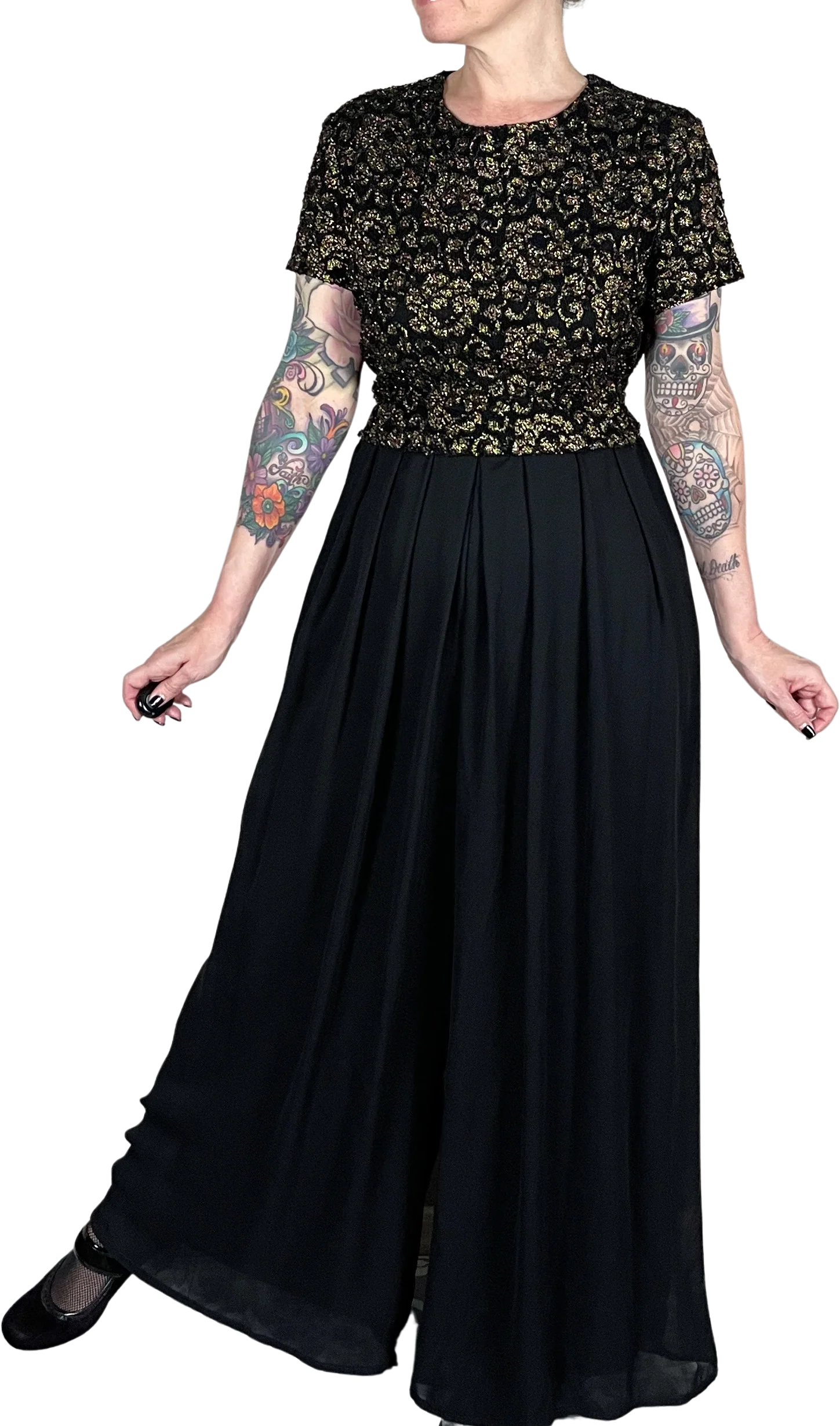 80s Black Chiffon And Gold Lace Palazzo Jumpsuit By Night Way