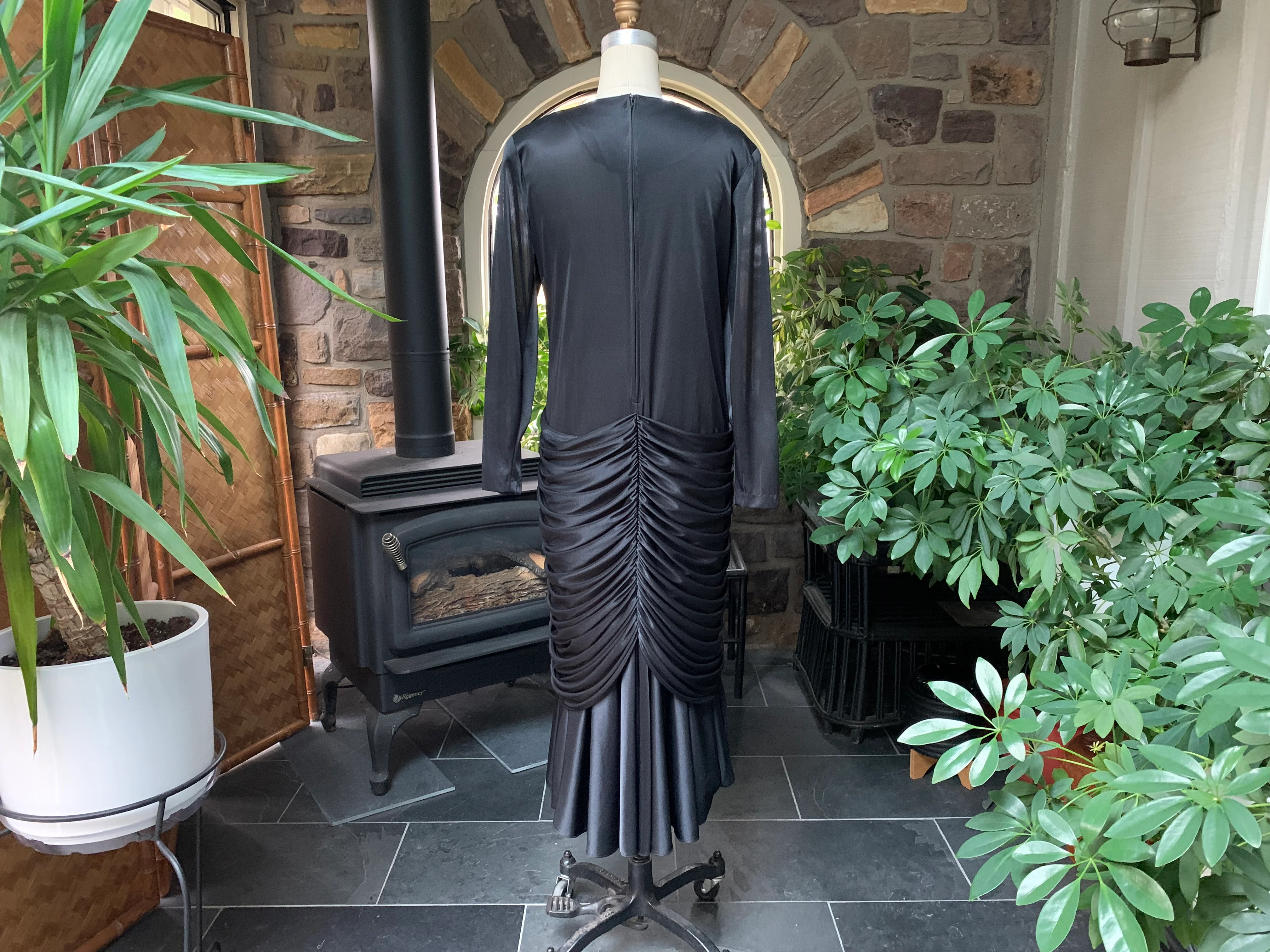 80s Black Draped Knit And Metallic Bodice Dress By Ricardo - Image 2