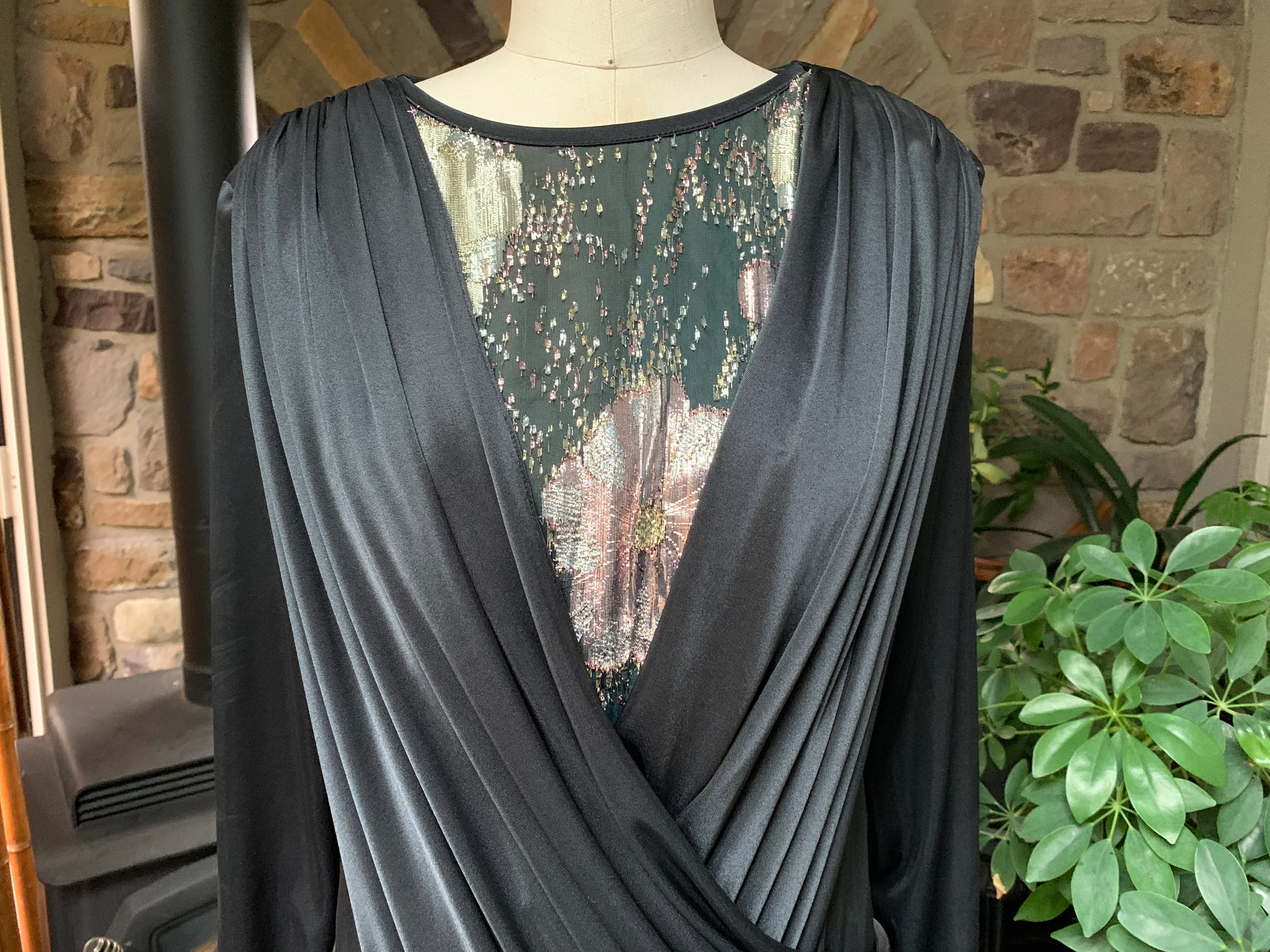 80s Black Draped Knit And Metallic Bodice Dress By Ricardo - Image 3
