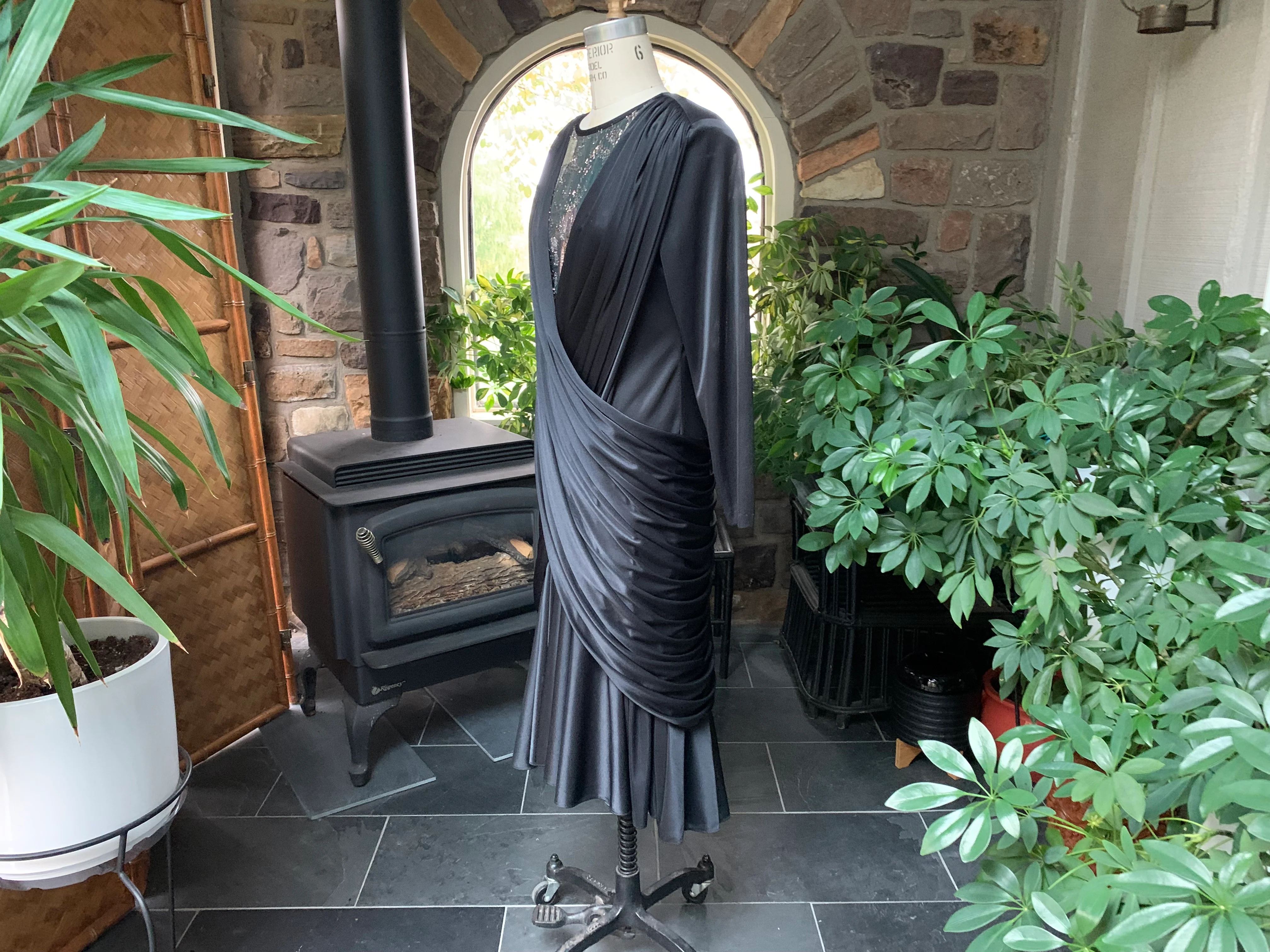 80s Black Draped Knit And Metallic Bodice Dress By Ricardo - Image 4