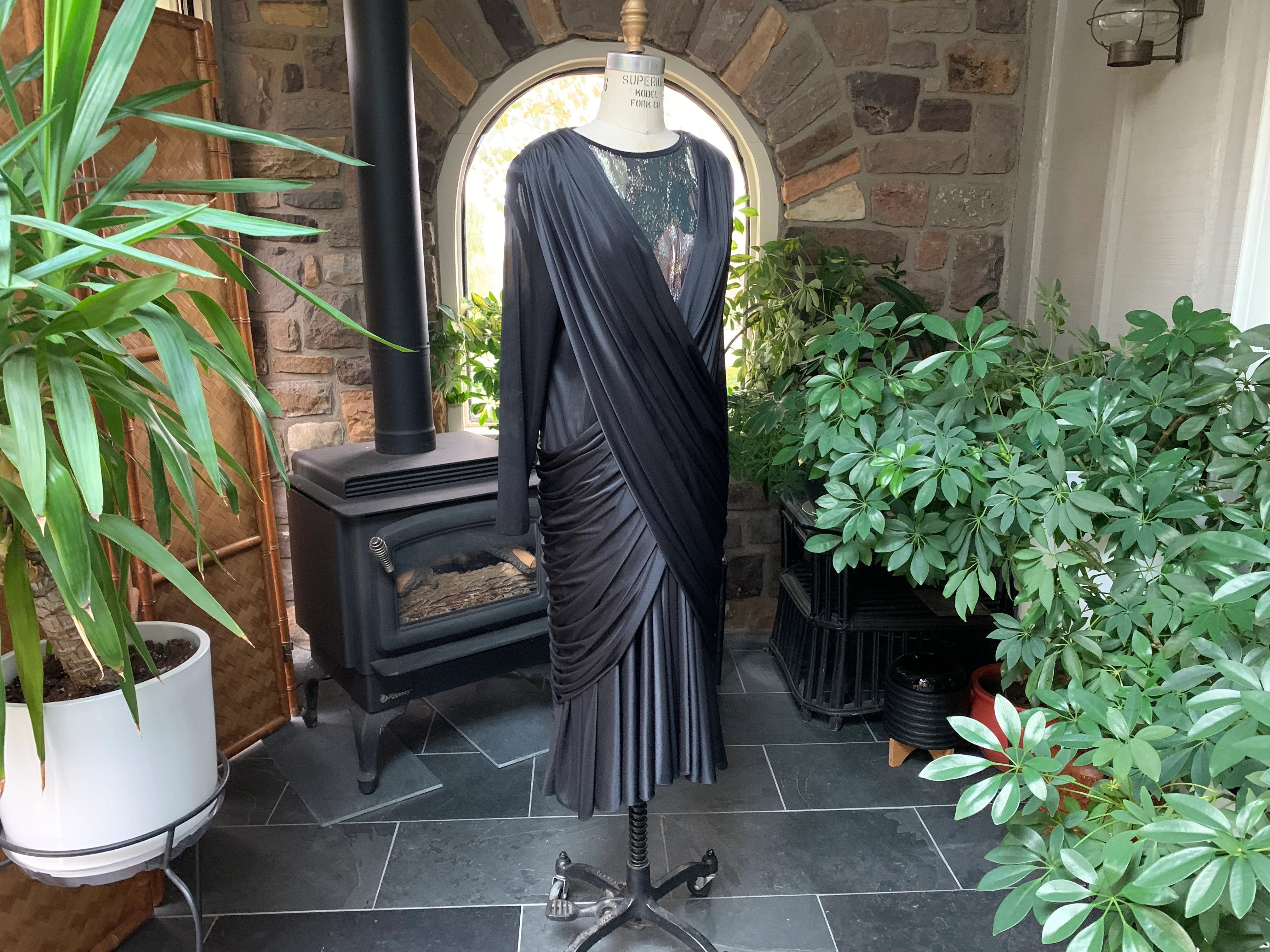 80s Black Draped Knit And Metallic Bodice Dress By Ricardo - Image 9