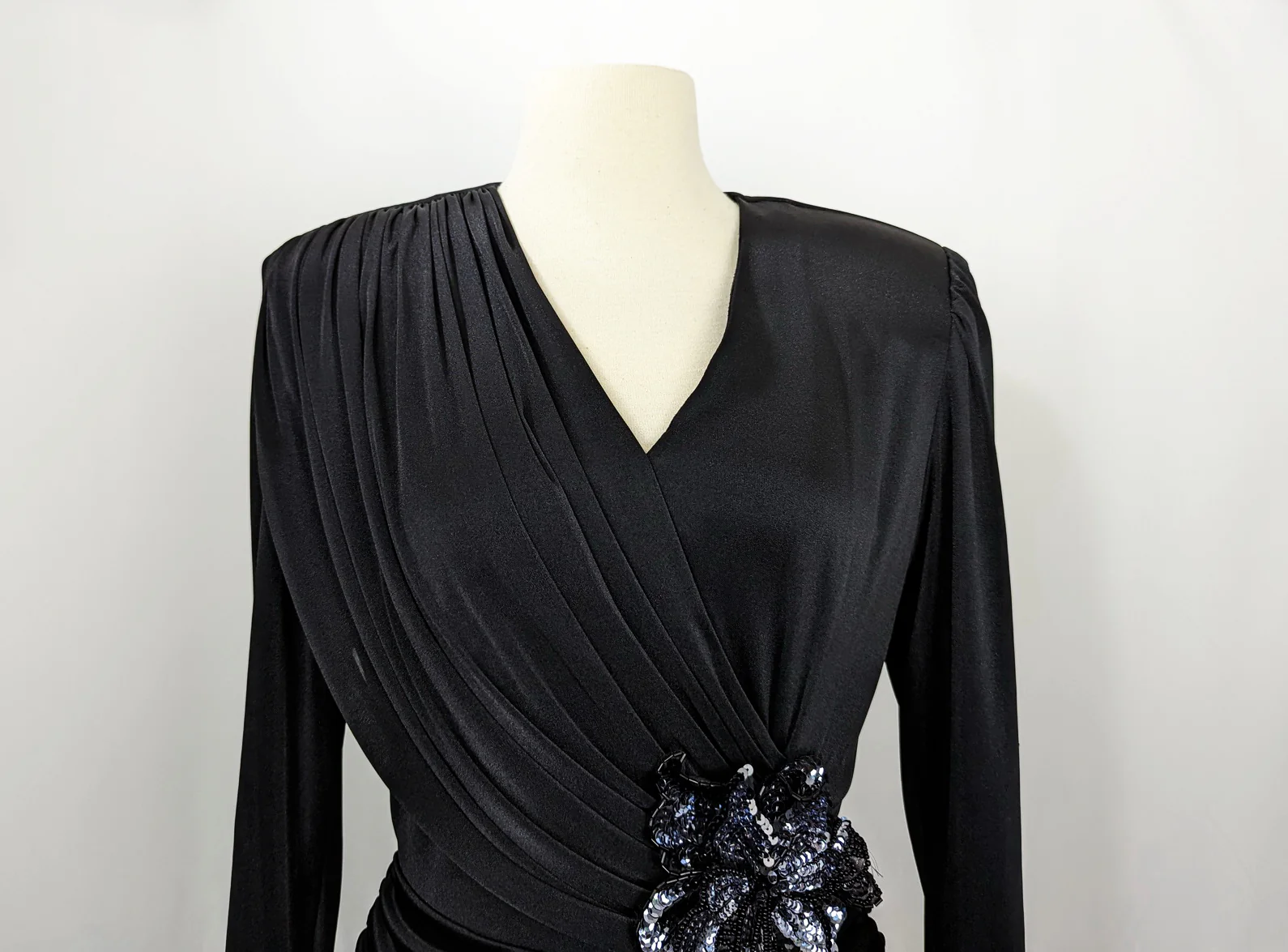 80s Black Draped Sequined Detail Cocktail Dress By Abby Kent - Image 3