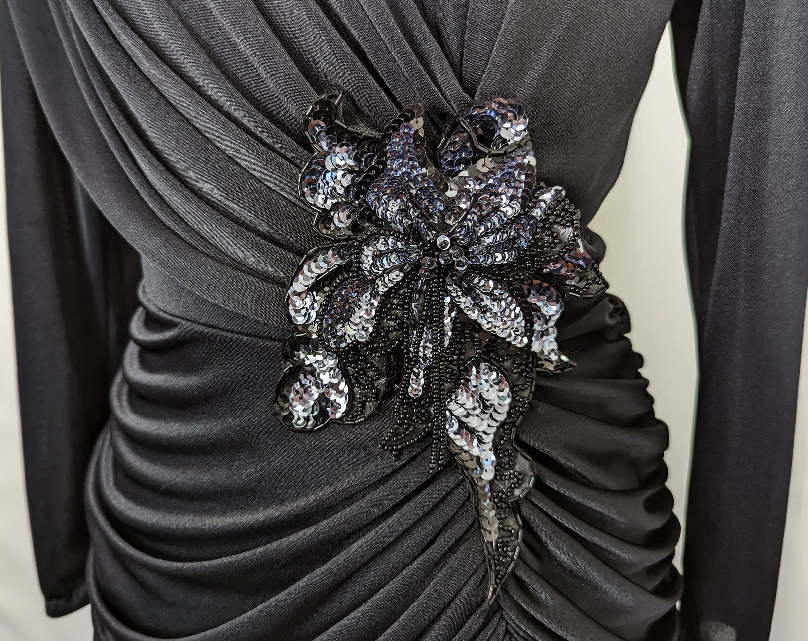 80s Black Draped Sequined Detail Cocktail Dress By Abby Kent - Image 4