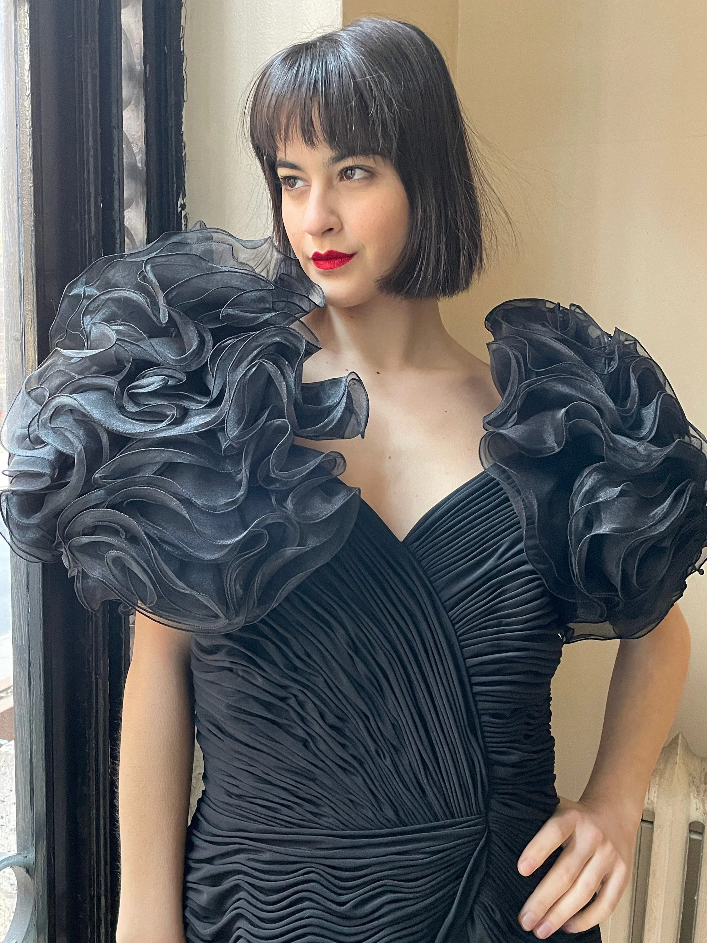 80s Black Dress with Big Gigantic Dramatic Tulle Flower Petal Flowery Swirls Sleeves - Image 3