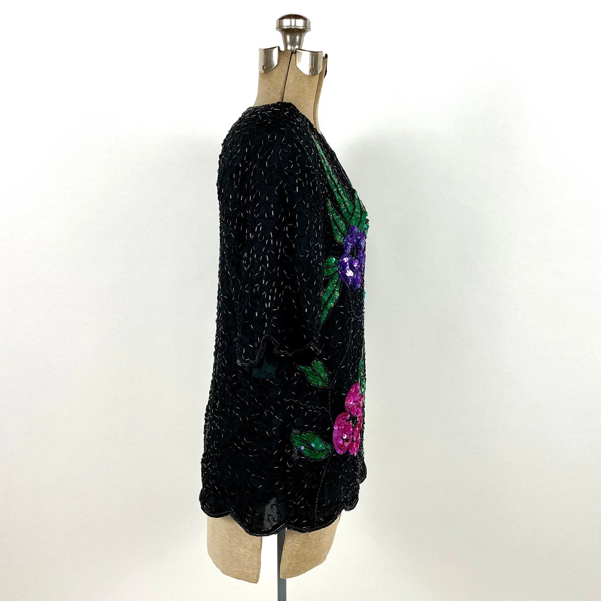 80s Black Floral Sequin Top V-Neck Beaded Silk Blouse Bright Glam Disco Flapper Vintage Dress Top - Image 2