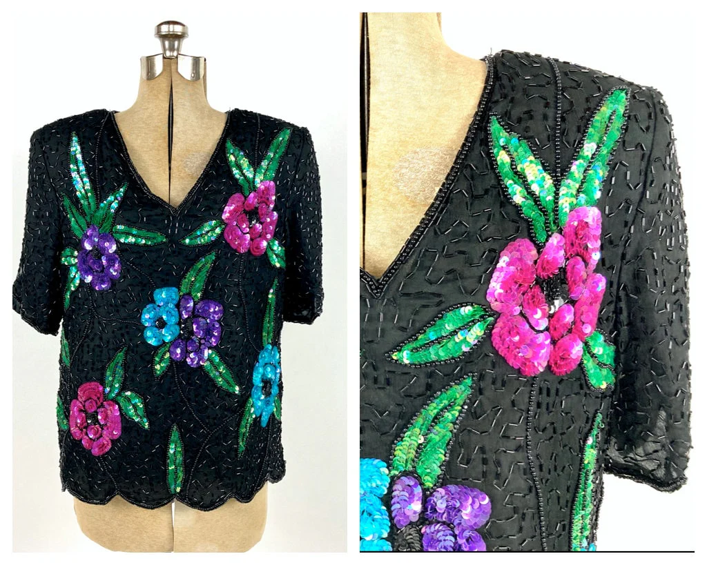 80s Black Floral Sequin Top V-Neck Beaded Silk Blouse Bright Glam Disco Flapper Vintage Dress Top - Image 3