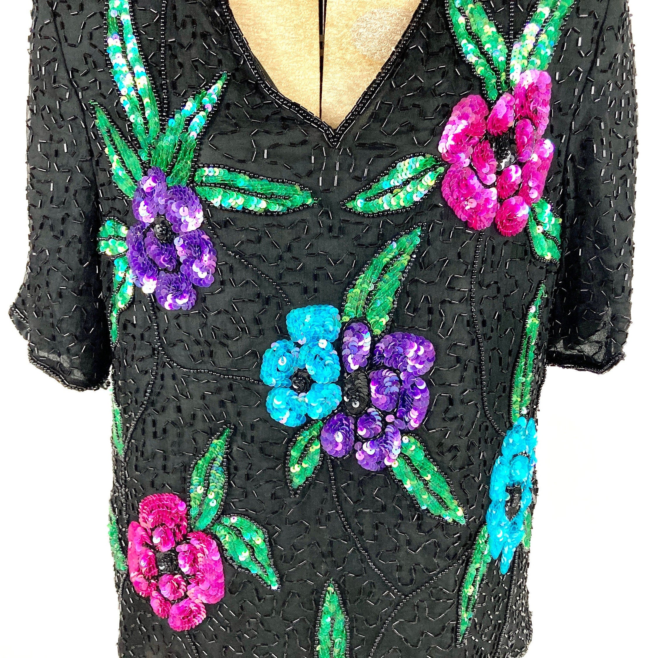 80s Black Floral Sequin Top V-Neck Beaded Silk Blouse Bright Glam Disco Flapper Vintage Dress Top - Image 6
