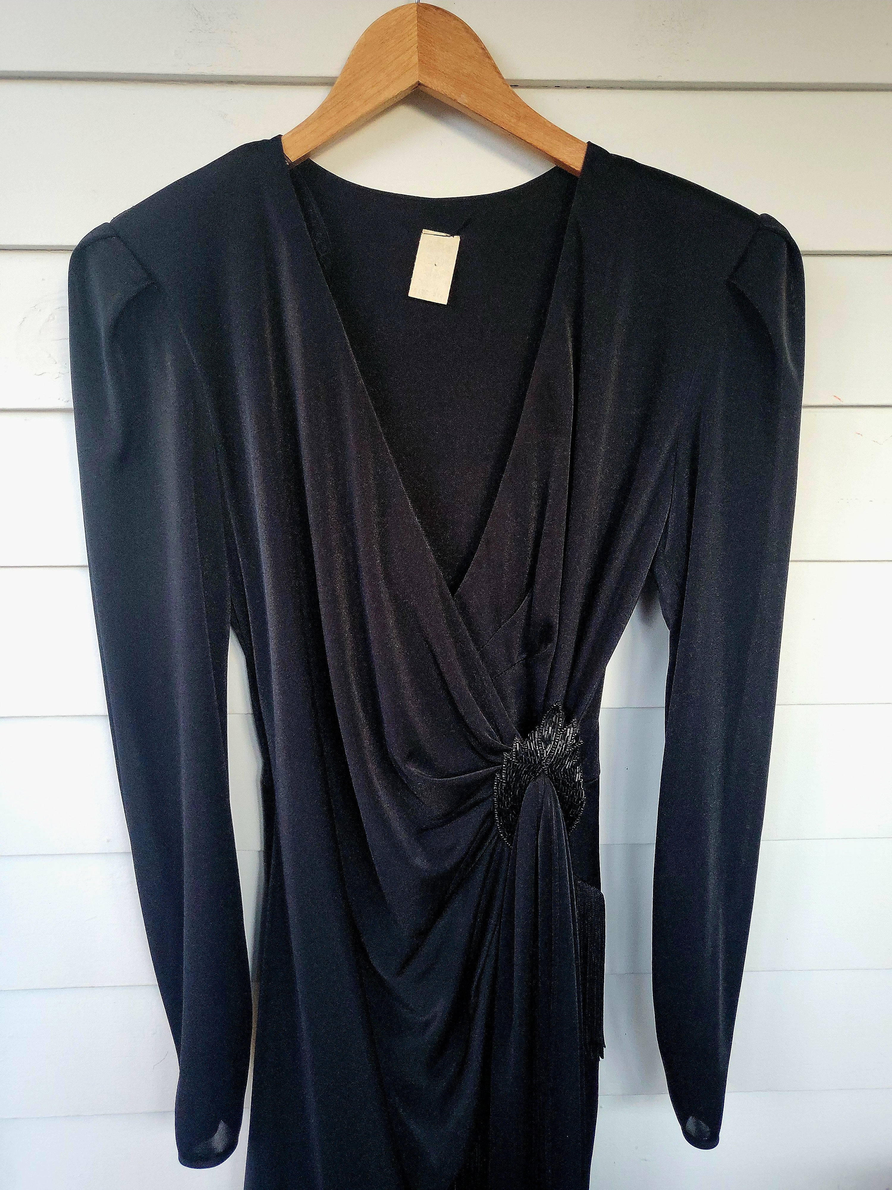 80s Black Fringe Asymmetrical Cocktail Dress 5/6 - Image 3