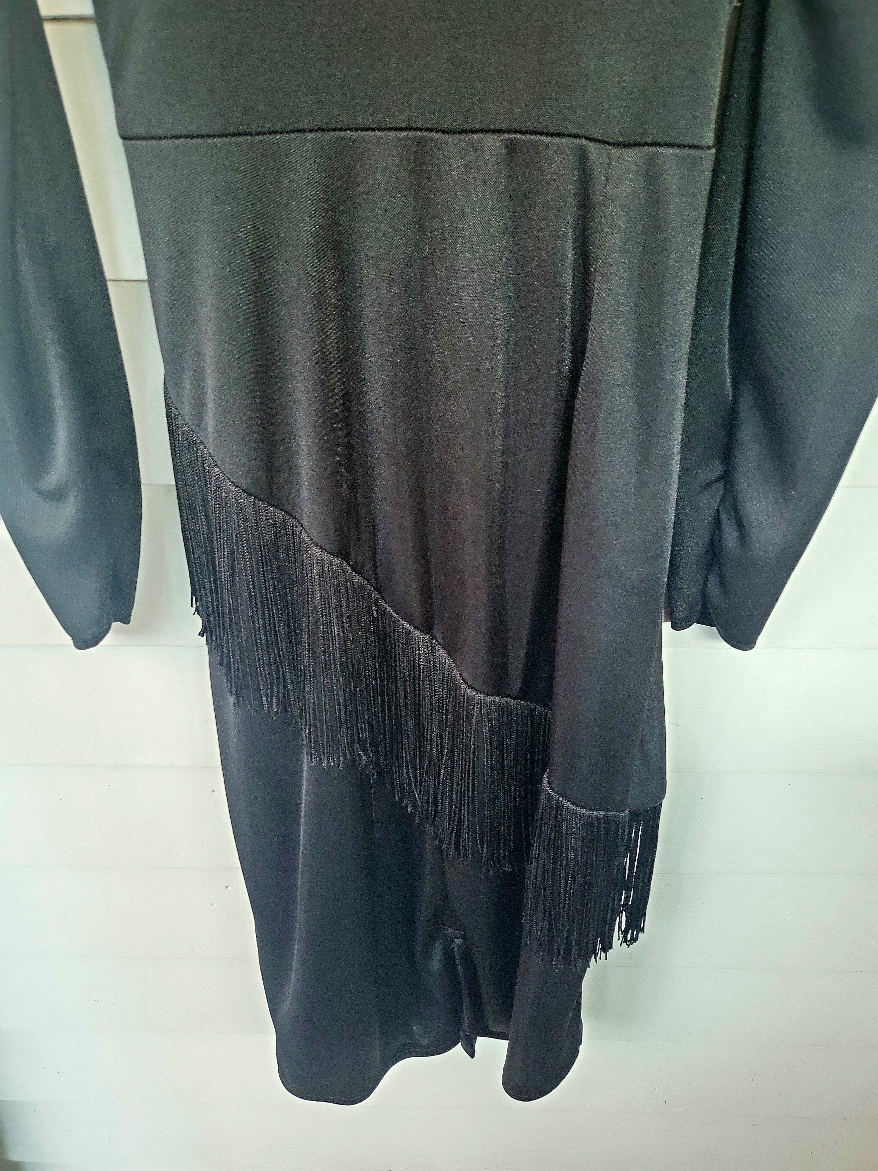 80s Black Fringe Asymmetrical Cocktail Dress 5/6 - Image 4
