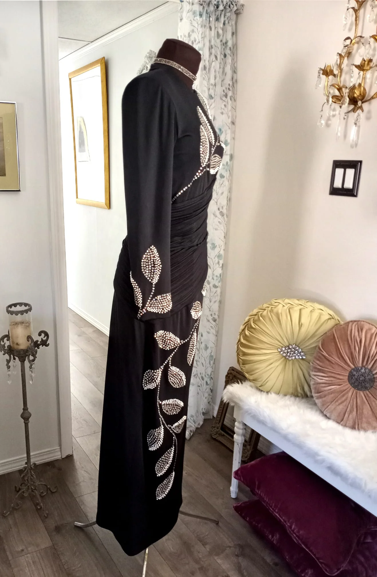 80s Black Glam Evening Gown Rhinestone Design S-m By Rose Taft for Couture Fashion - Image 3