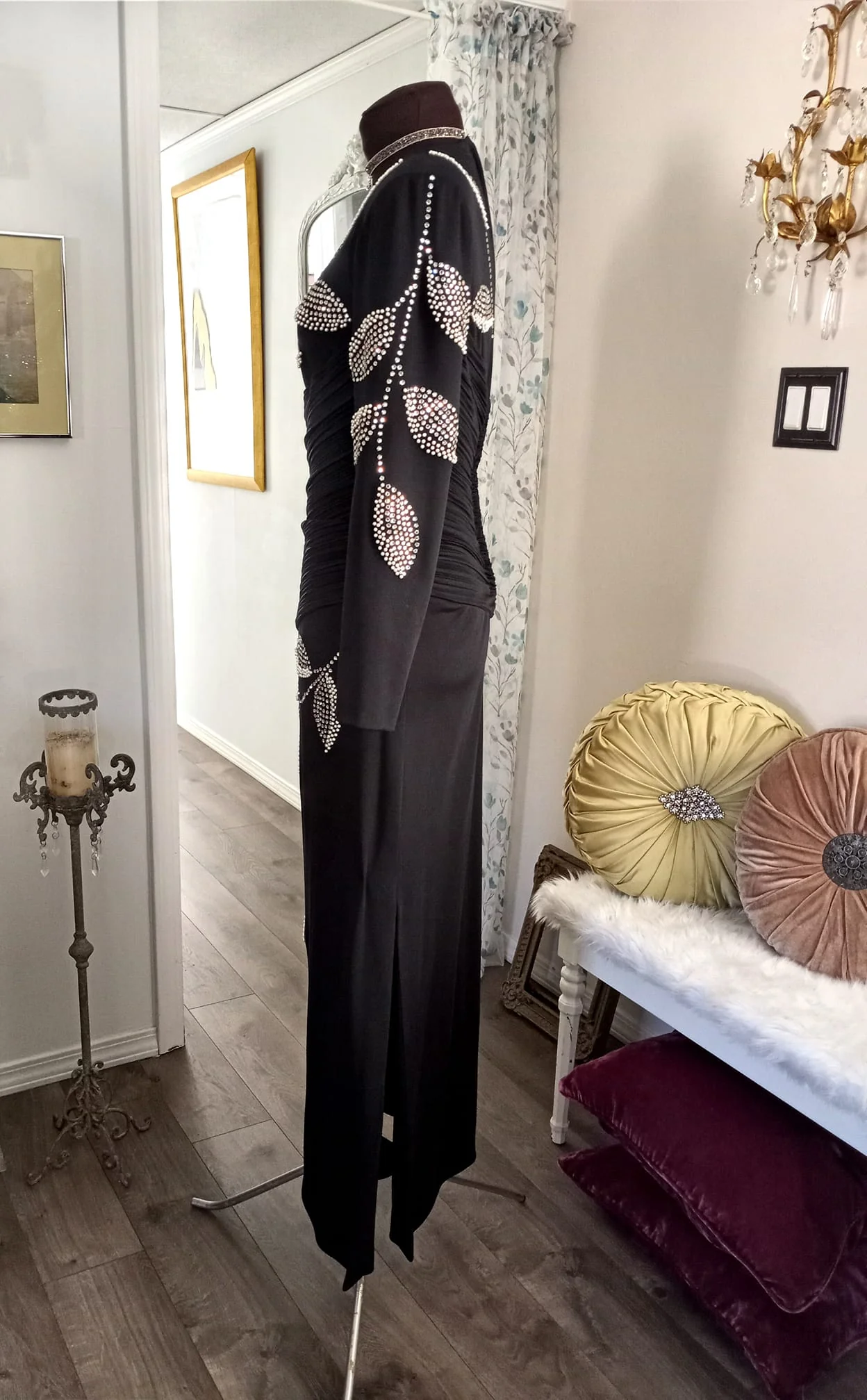 80s Black Glam Evening Gown Rhinestone Design S-m By Rose Taft for Couture Fashion - Image 4