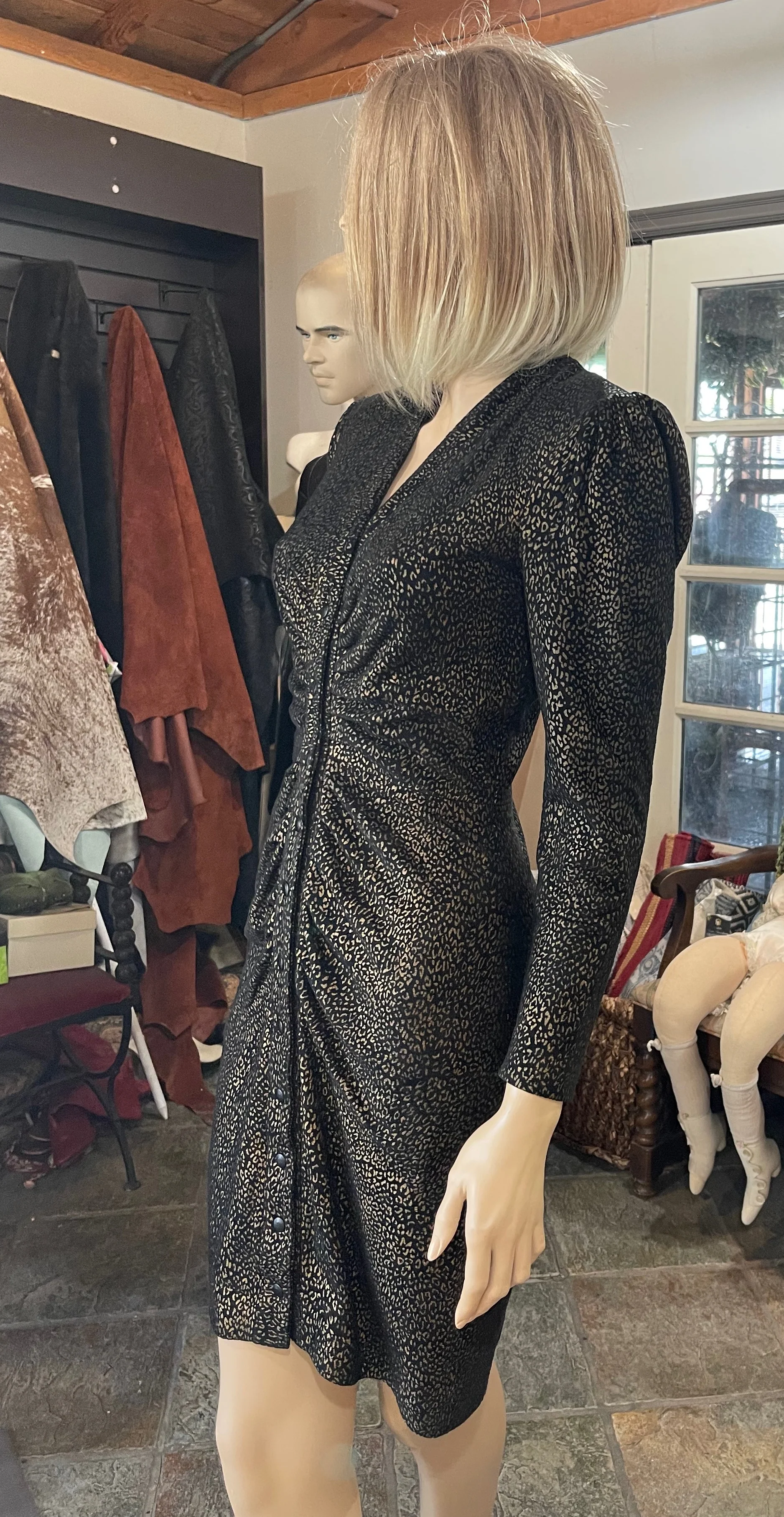 80s Black Gold Suede Rauched Dress Custom 1984 - 1987 By Michael Hoban North Beach Leather - Image 4