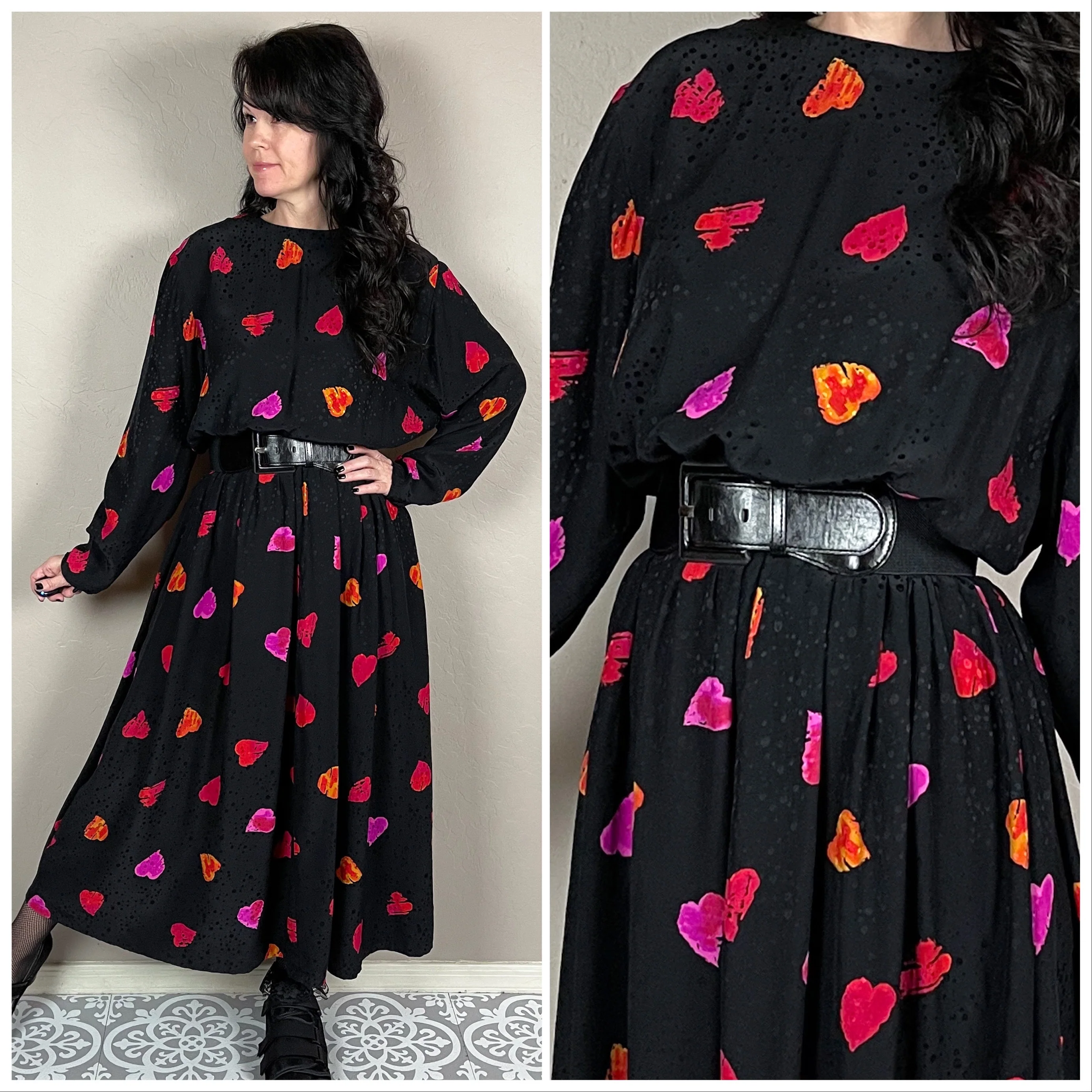 80s Black Heart Print Long Sleeve Midi Dress - Image 2