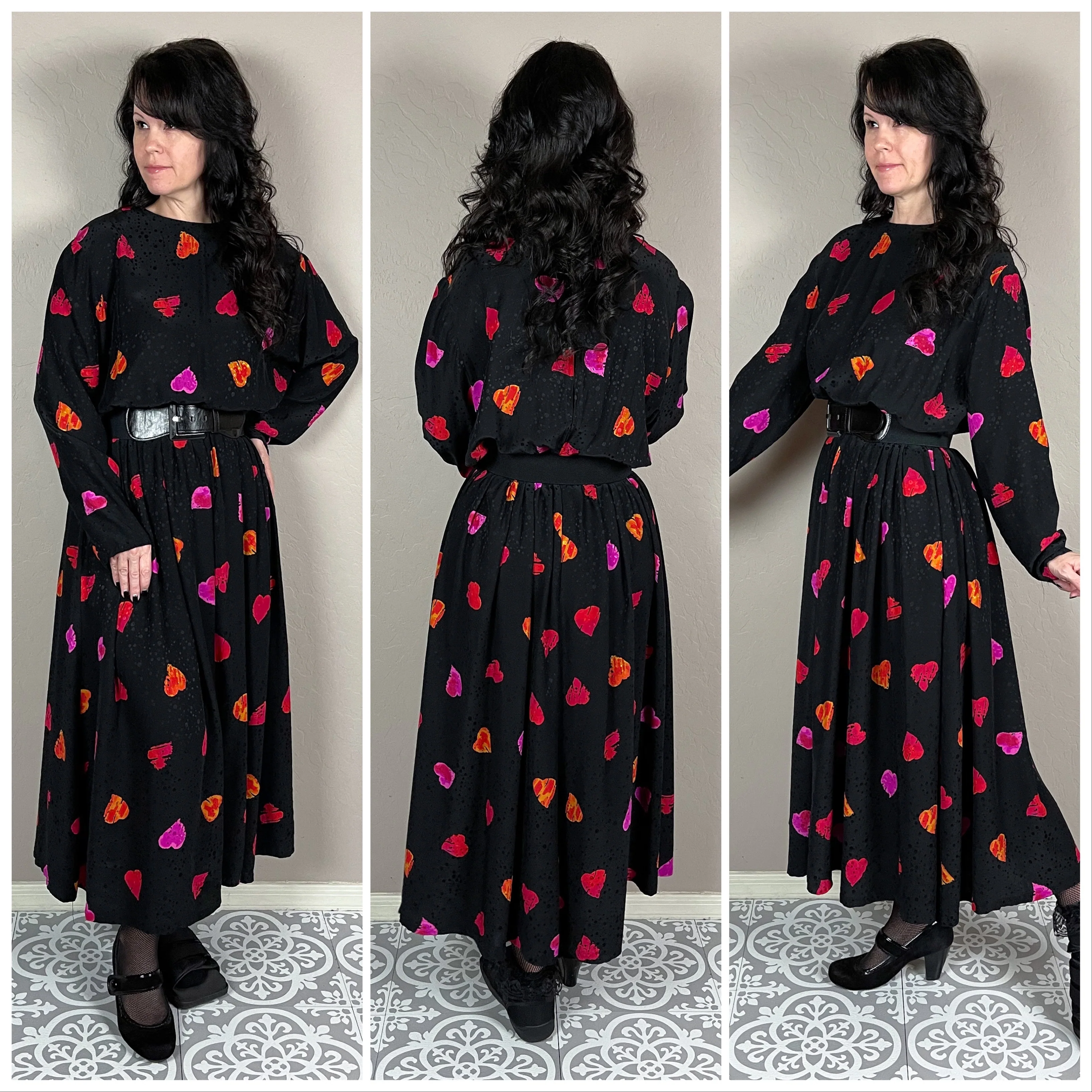 80s Black Heart Print Long Sleeve Midi Dress - Image 3