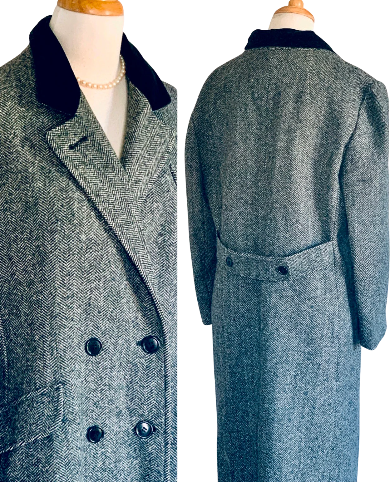 80s Black Herringbone Wool Tweed Maxi Coat - Image 2