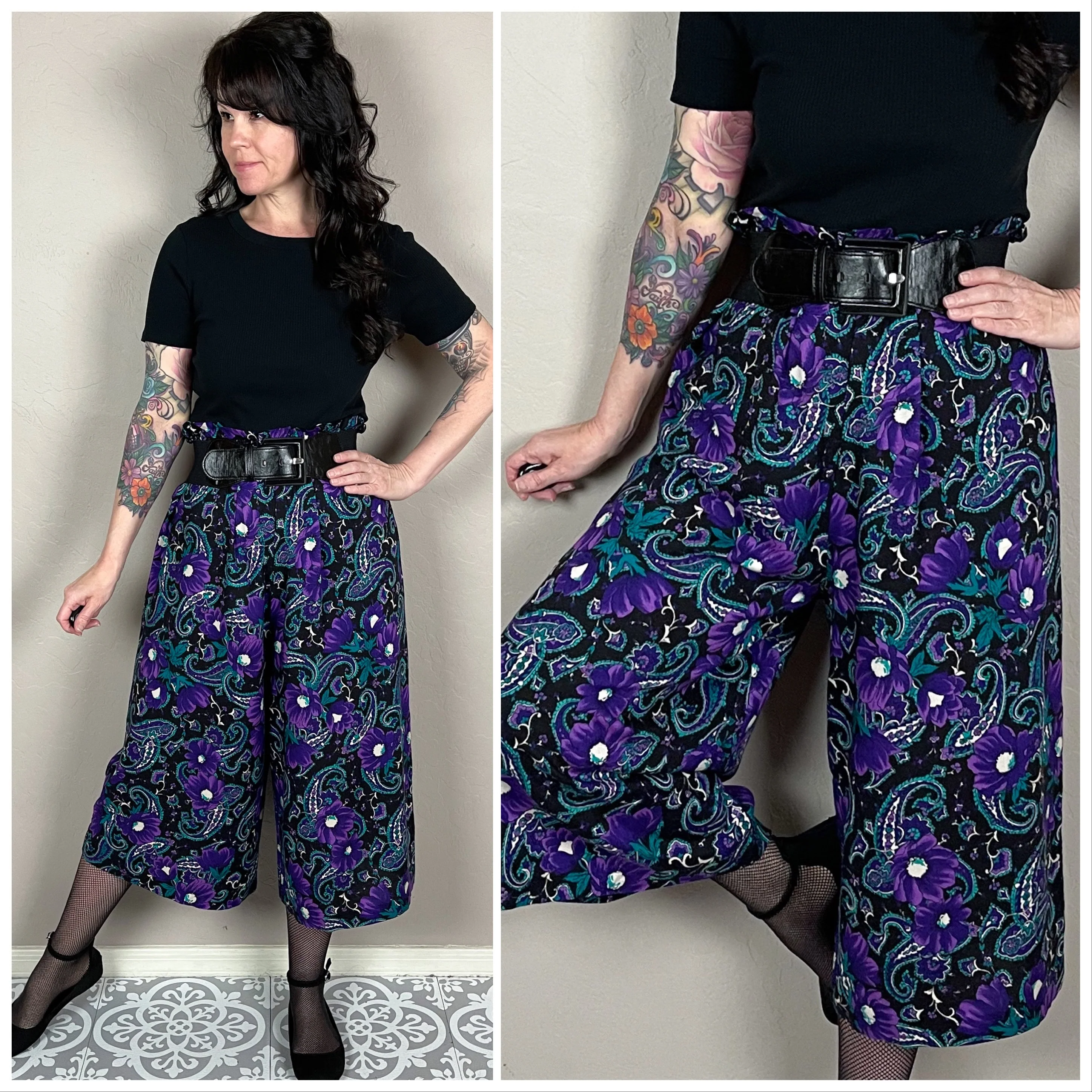 80s Black High Rise Floral And Paisley Culottes - Image 2