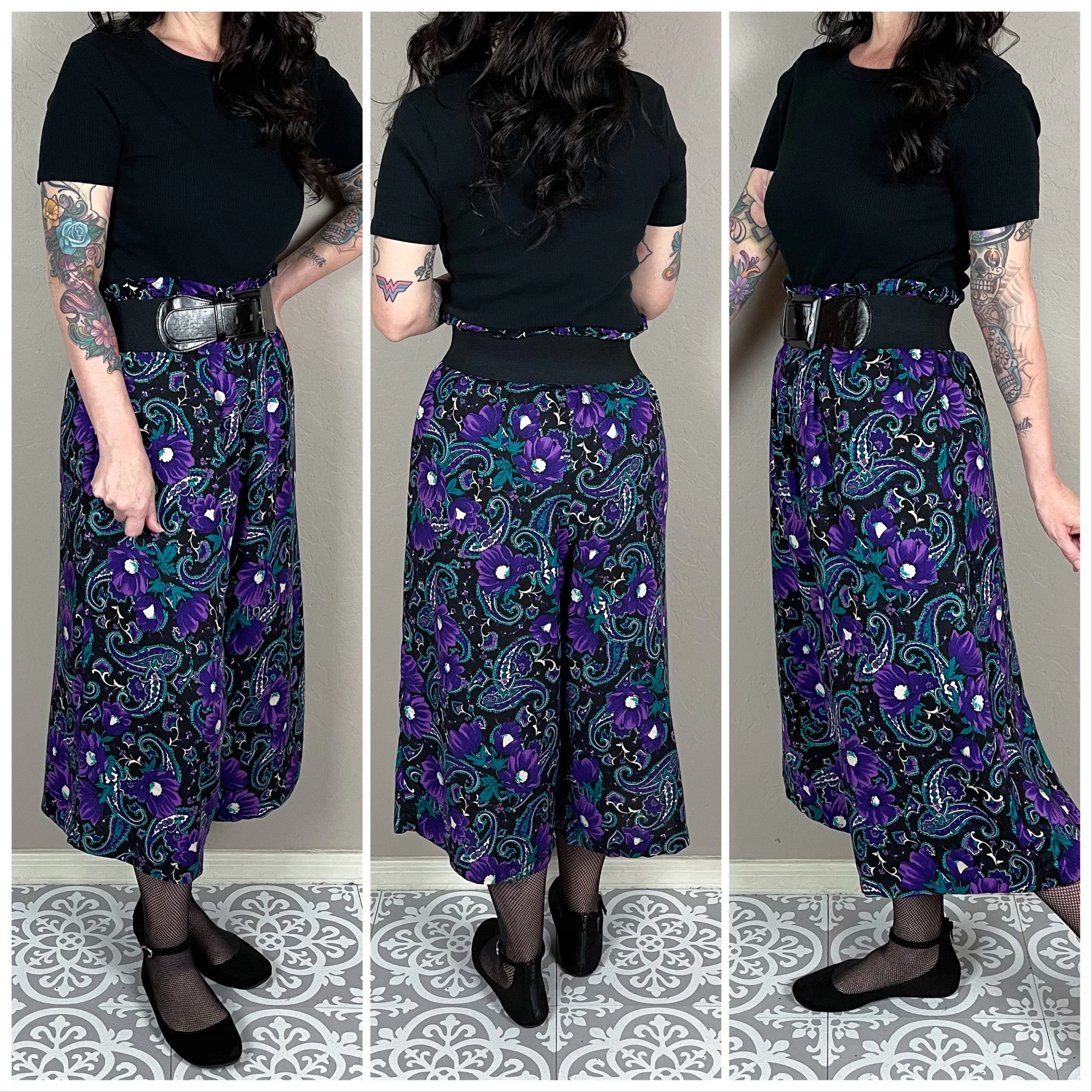 80s Black High Rise Floral And Paisley Culottes - Image 3