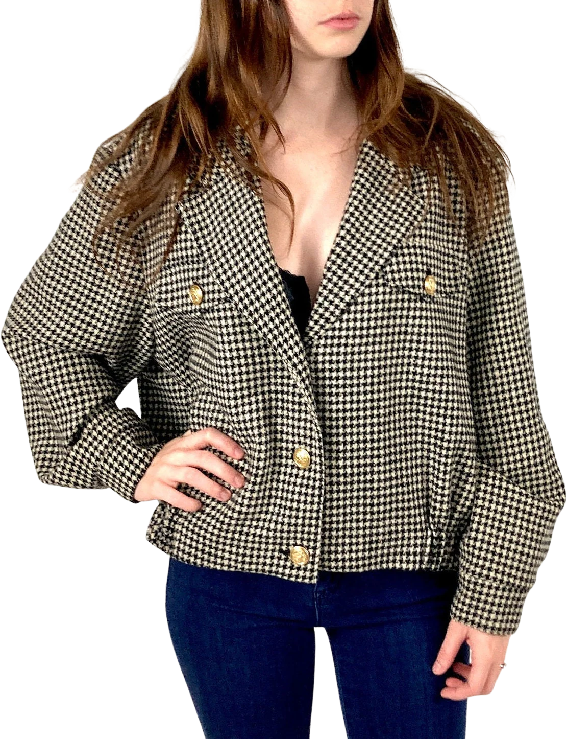 80s Black Houndstooth Bill Blass Jacket Cropped White Gold Bomber Coat Rocker Deep V-Neck Party Dress Jacket by Bill Blass