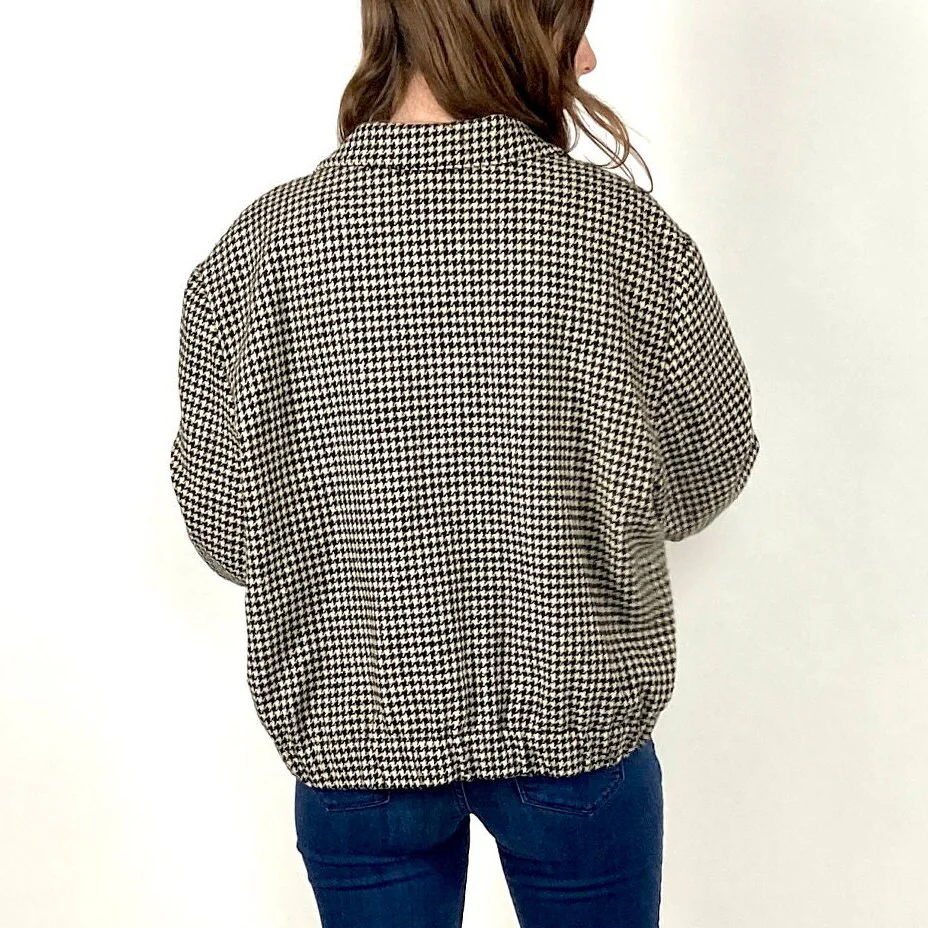 80s Black Houndstooth Bill Blass Jacket Cropped White Gold Bomber Coat Rocker Deep V-Neck Party Dress Jacket by Bill Blass - Image 5