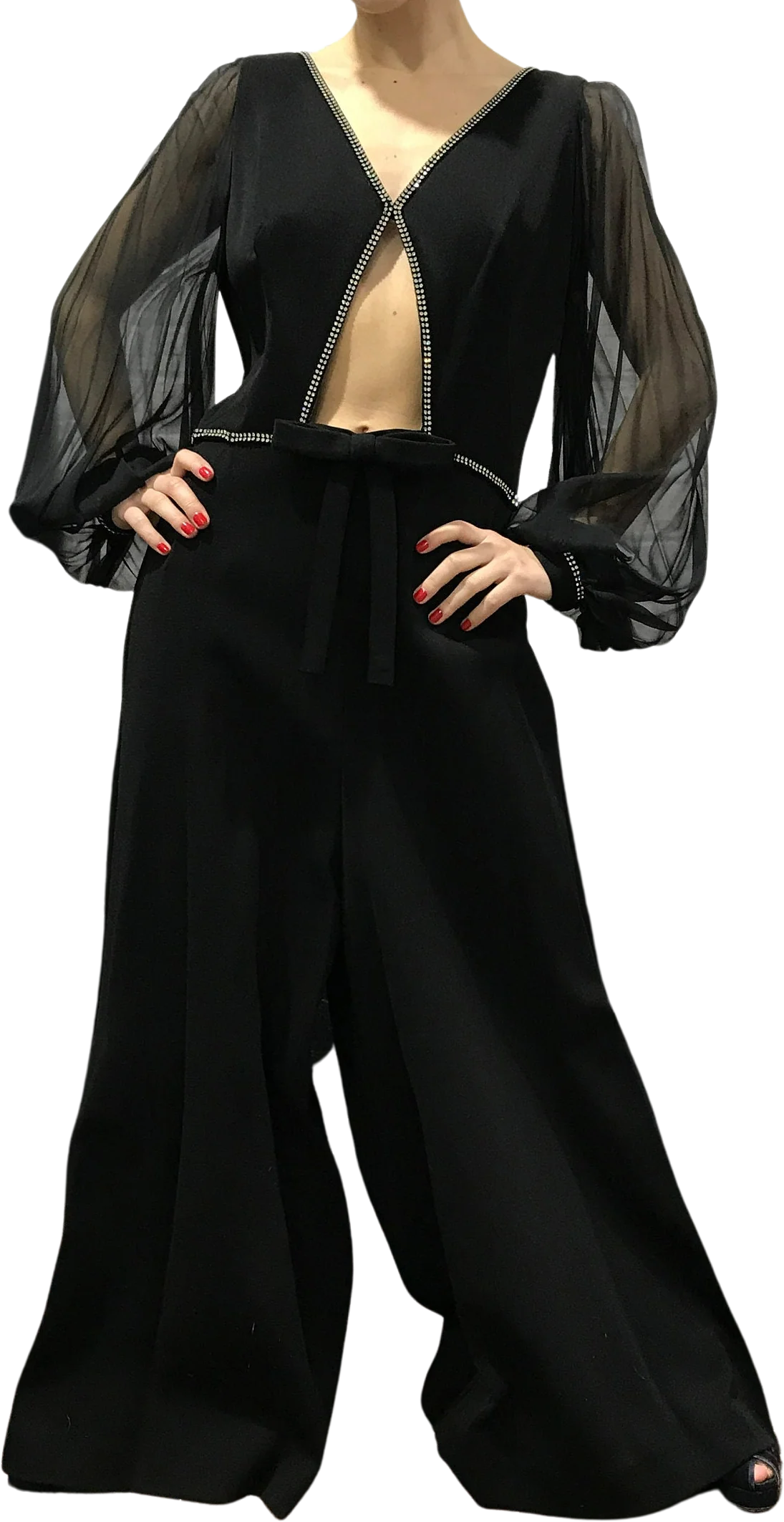 80s Black Knit Chiffon with Rhinestones Jumpsuit