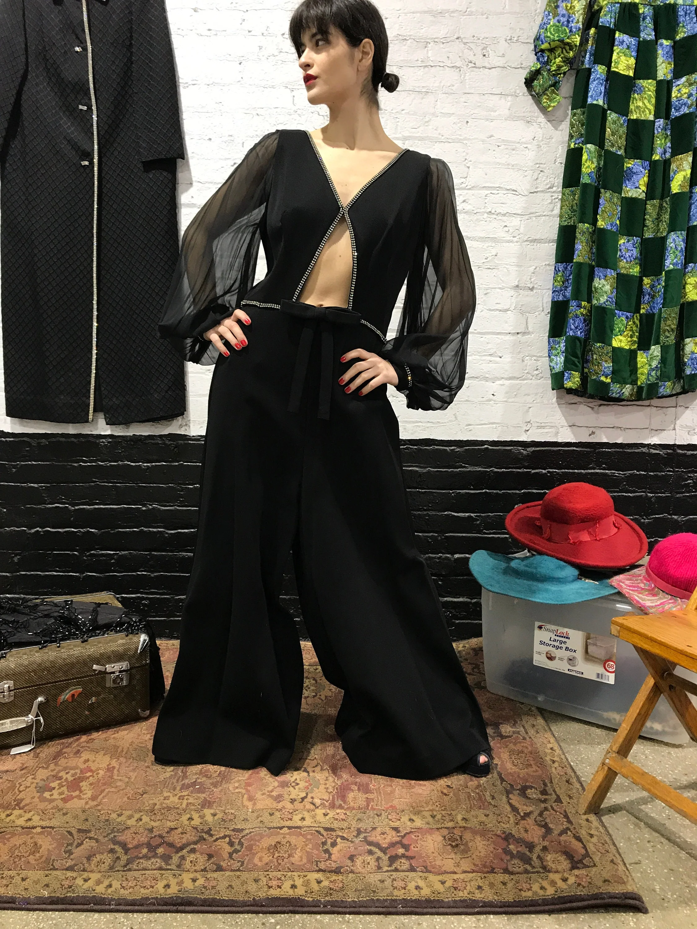 80s Black Knit Chiffon with Rhinestones Jumpsuit - Image 3