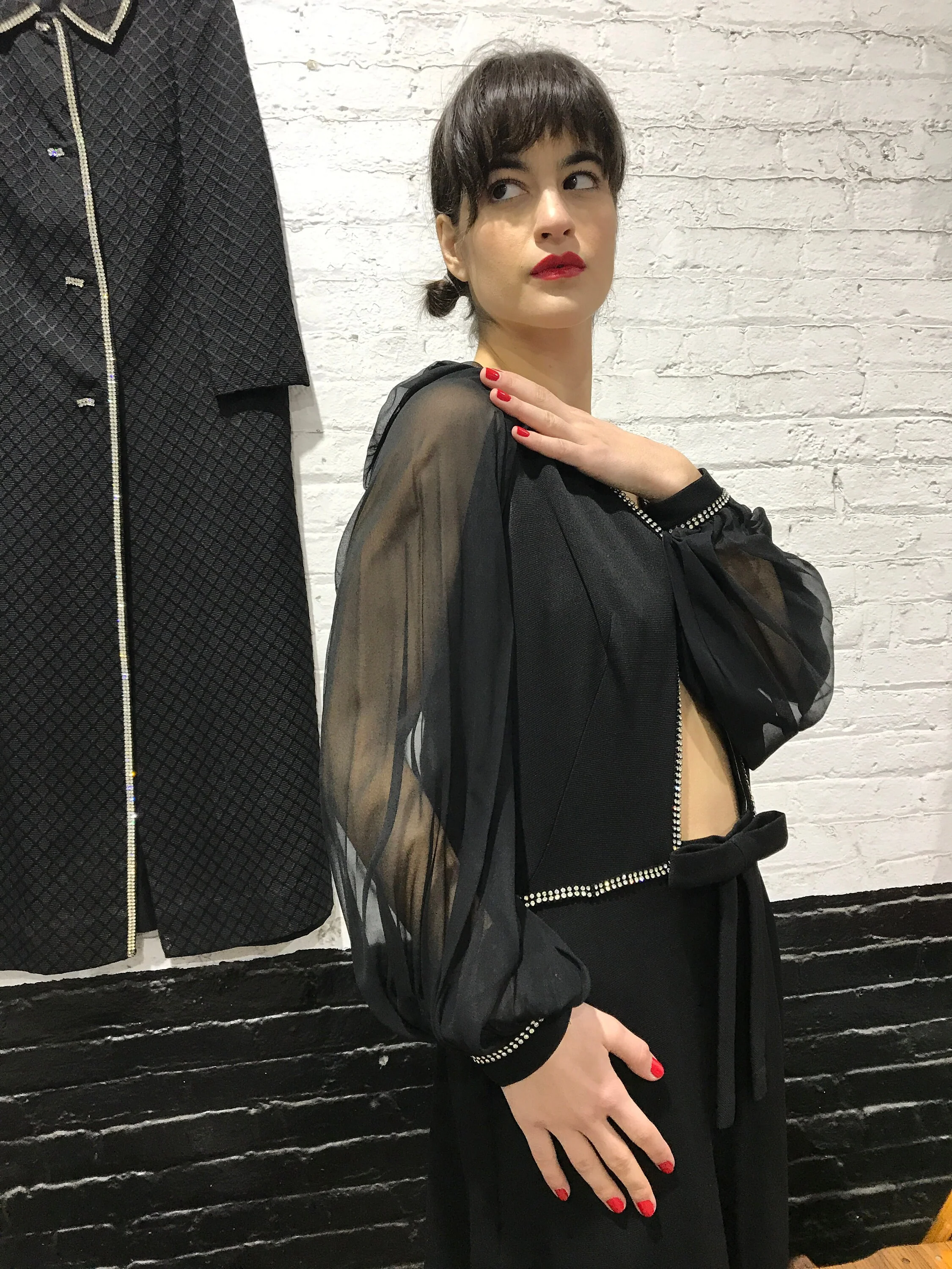 80s Black Knit Chiffon with Rhinestones Jumpsuit - Image 5