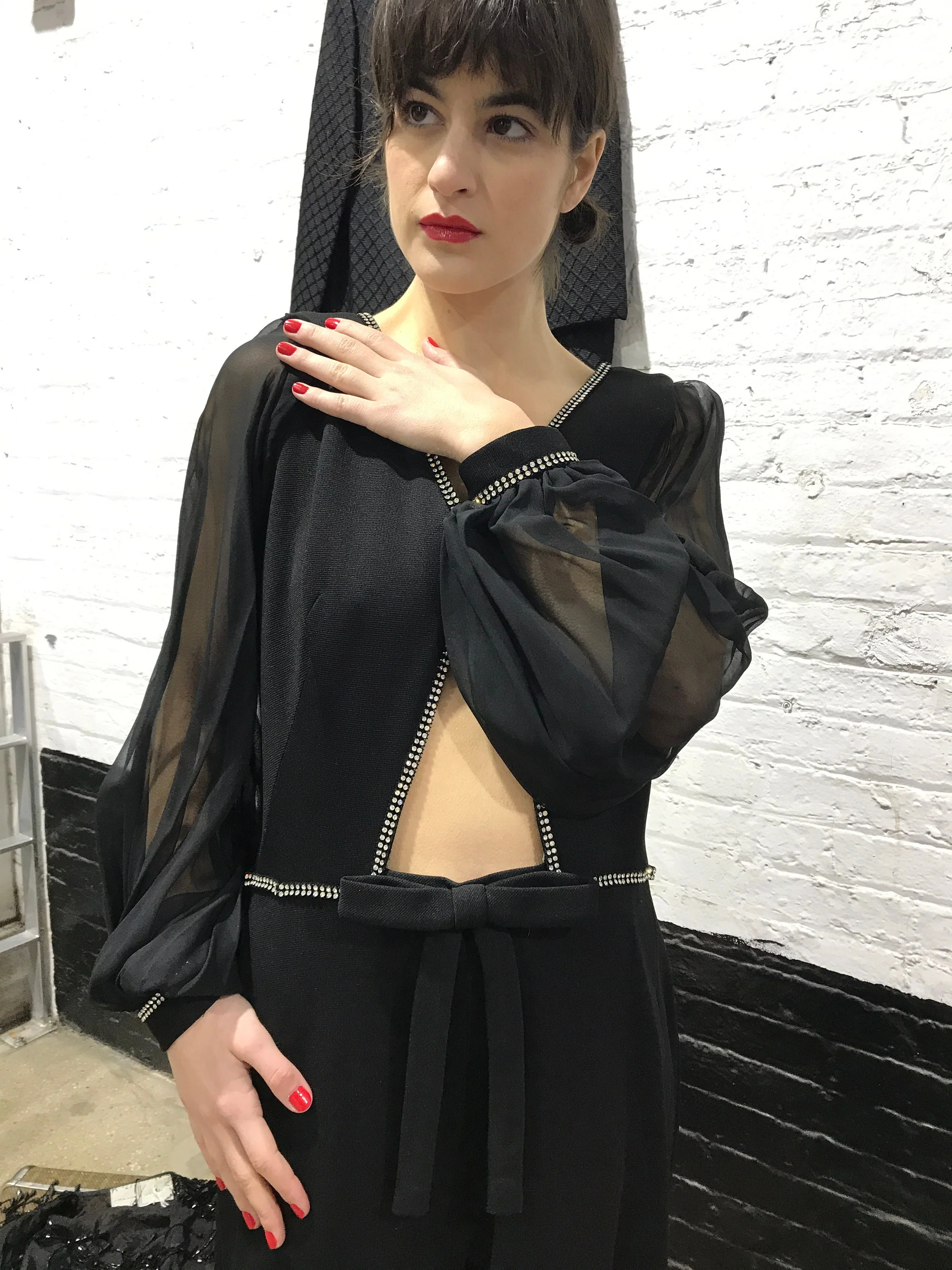 80s Black Knit Chiffon with Rhinestones Jumpsuit - Image 6