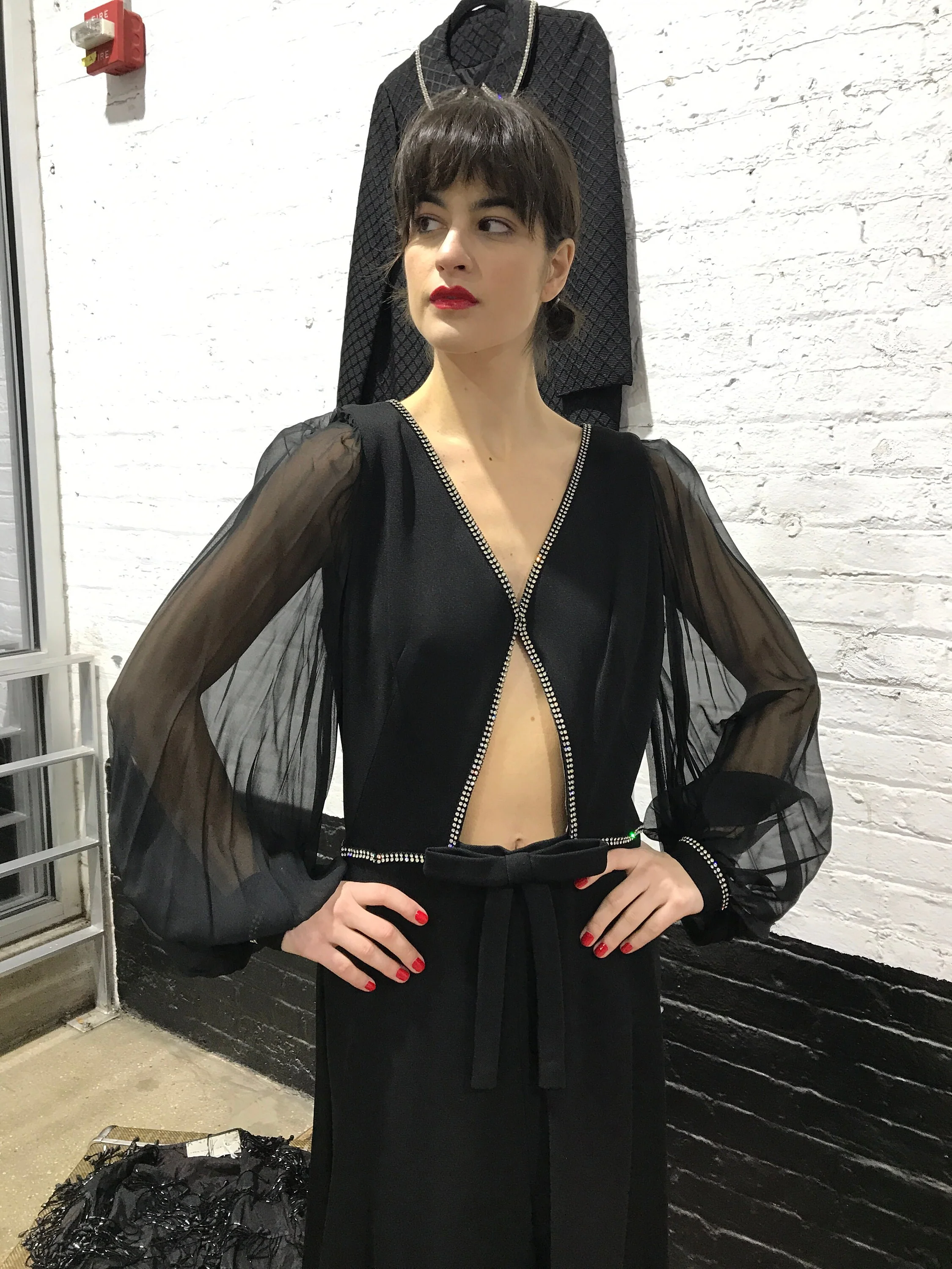 80s Black Knit Chiffon with Rhinestones Jumpsuit - Image 7
