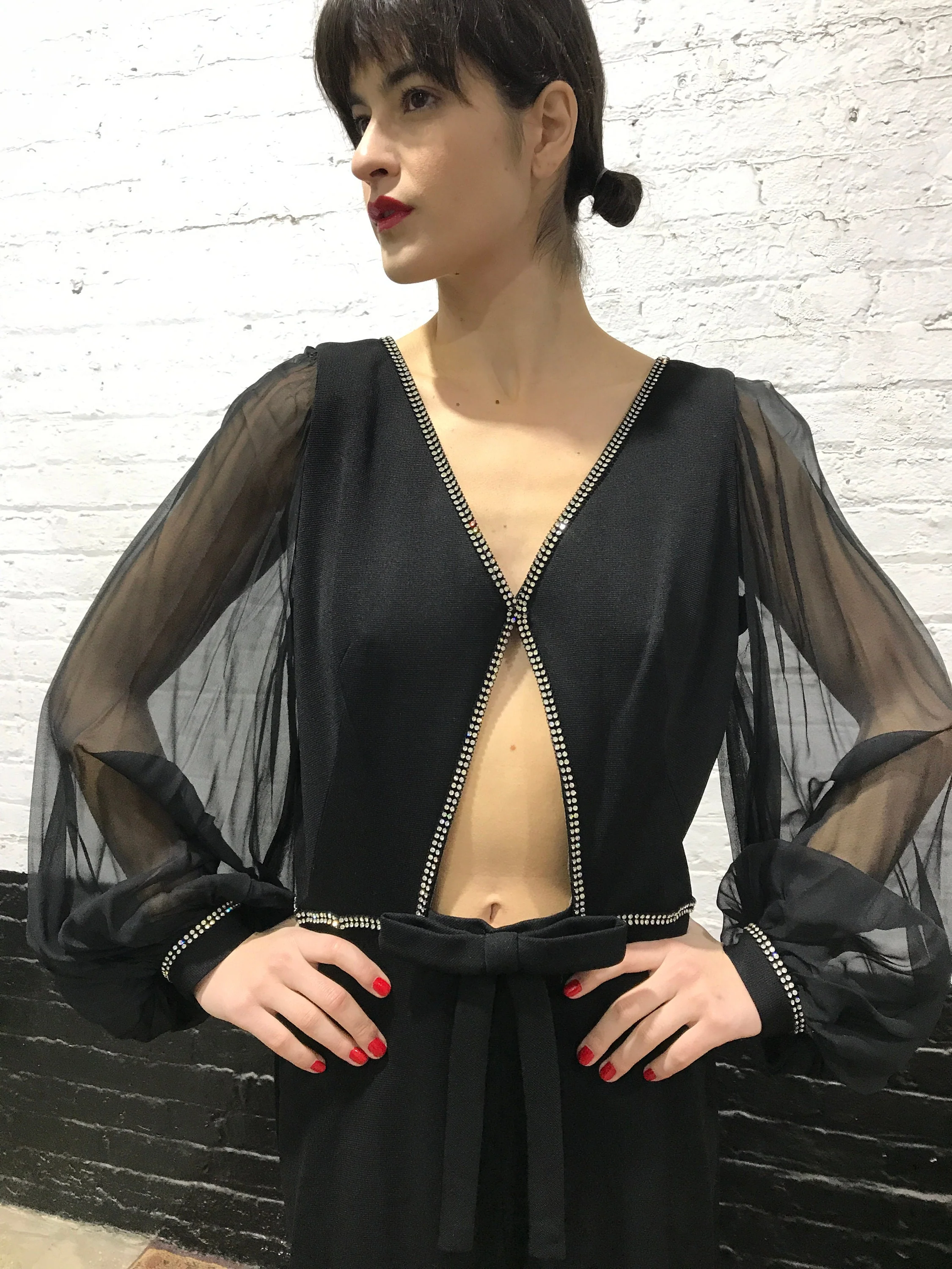 80s Black Knit Chiffon with Rhinestones Jumpsuit - Image 8