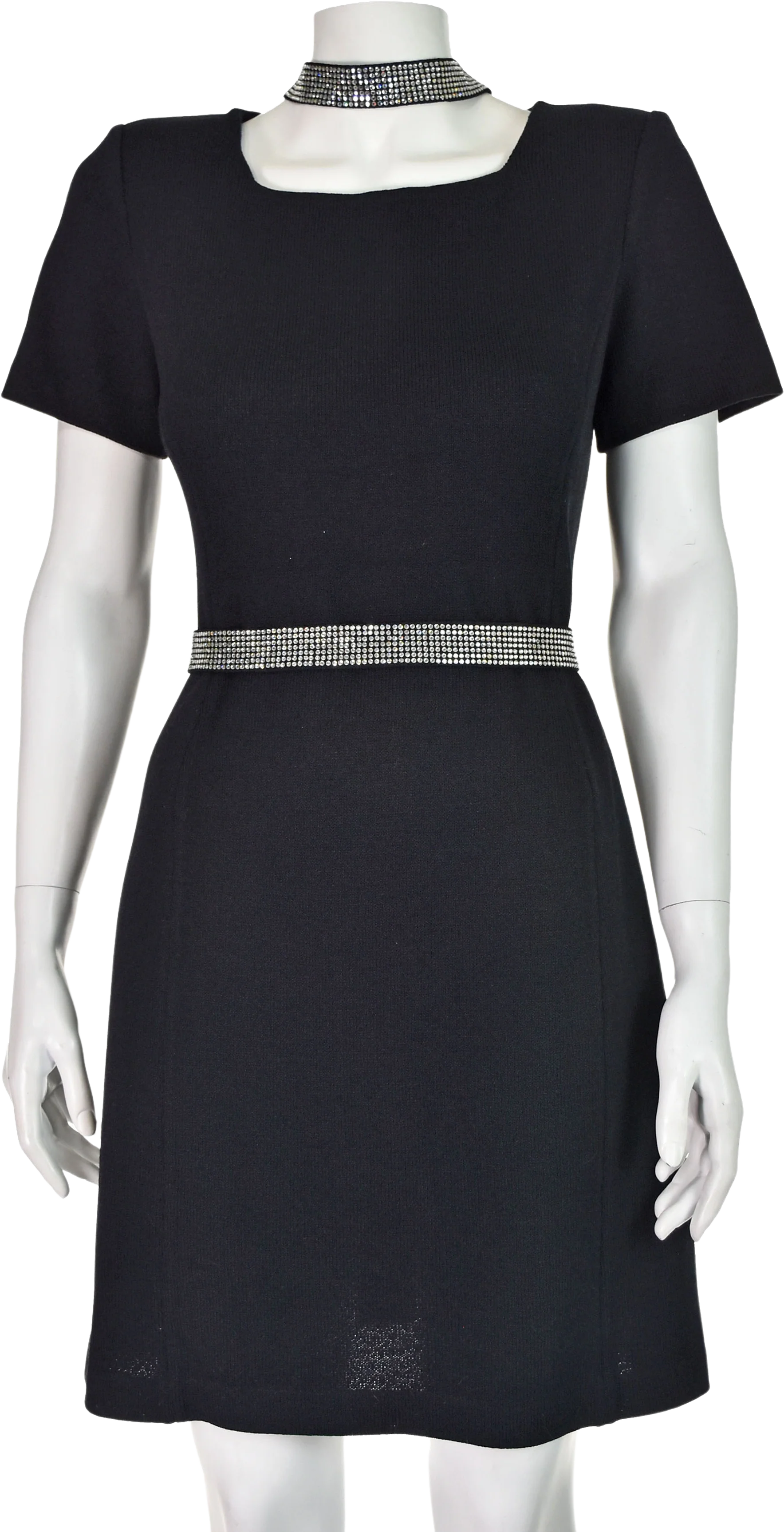 80s Black Knit Dress With Rhinestone Belt And Choker By St. John
