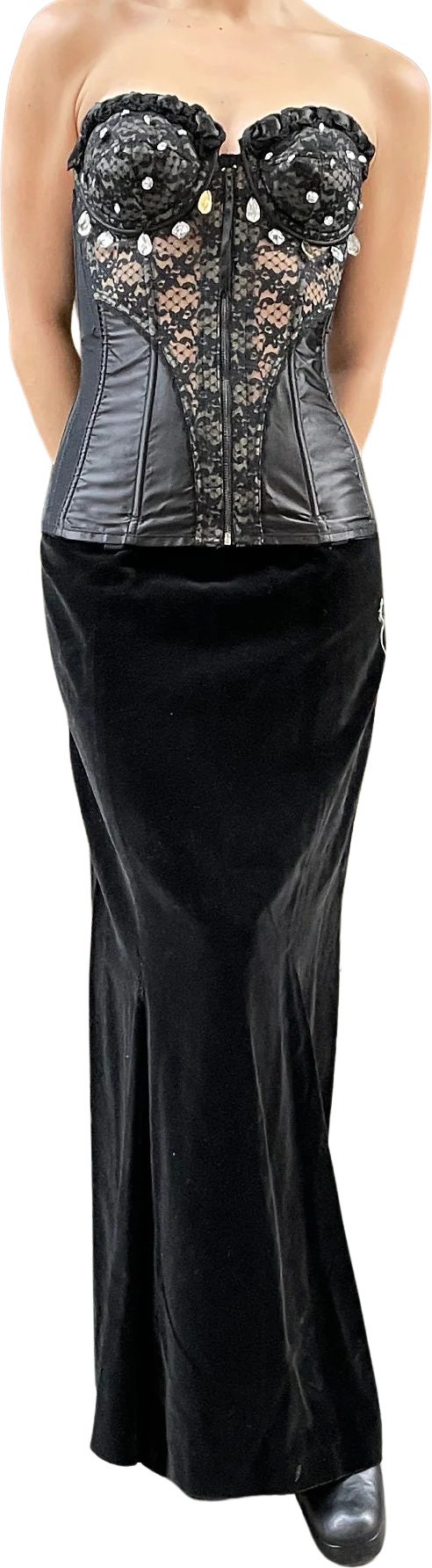 80s Black Lace Bustier Sexy Bustier with a Variety of Reflective Beads Zipper In The Front