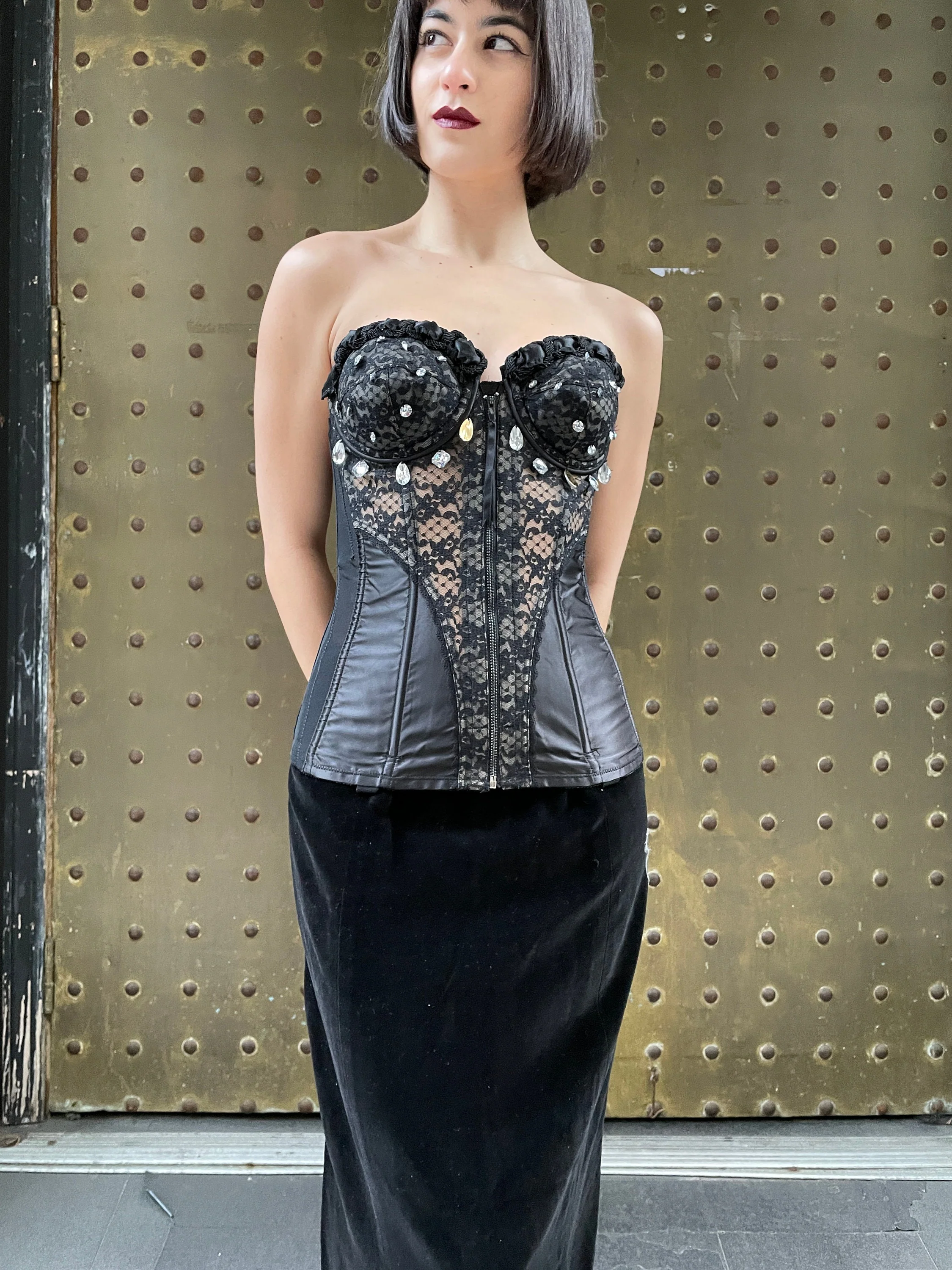 80s Black Lace Bustier Sexy Bustier with a Variety of Reflective Beads Zipper In The Front - Image 2