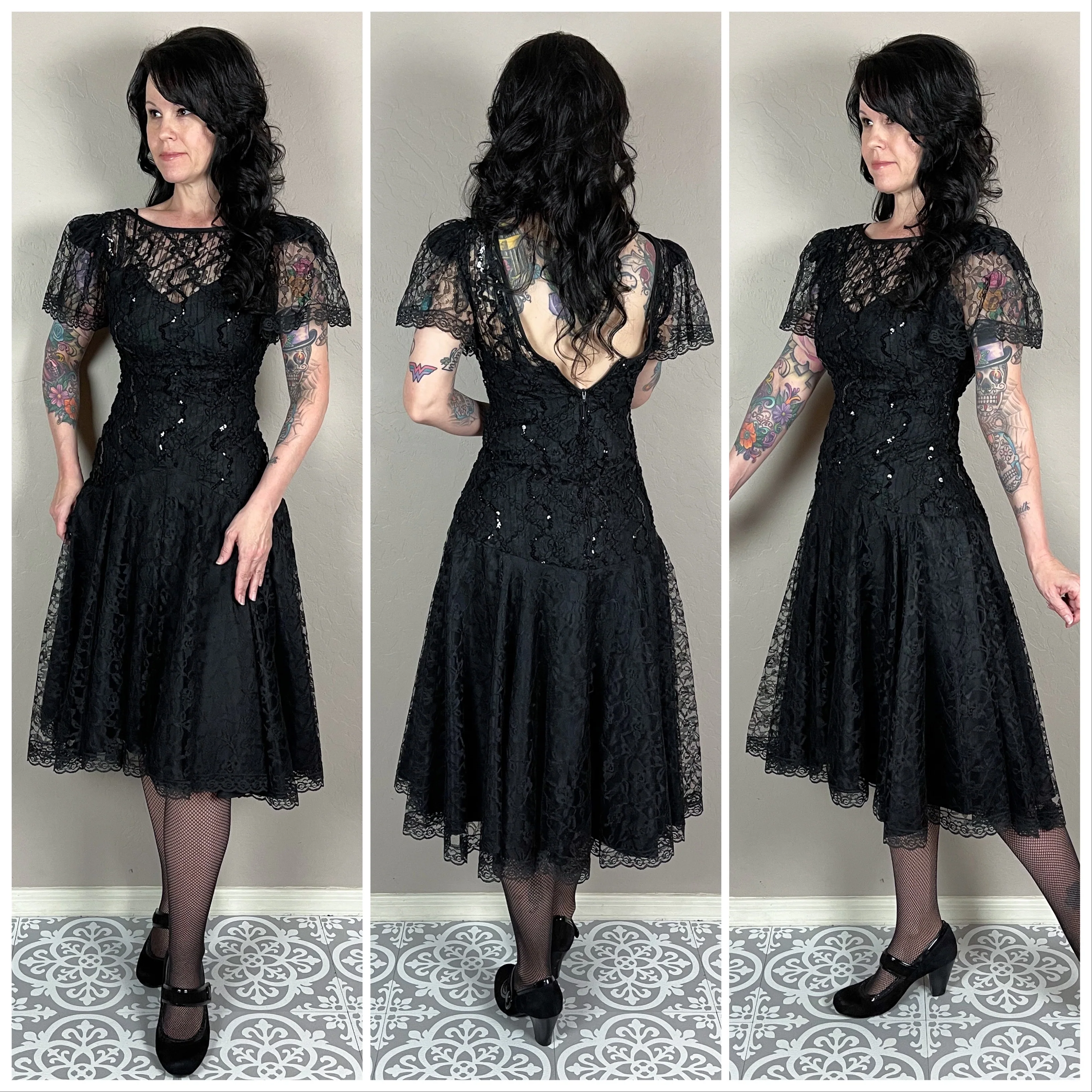 80s Black Lace Short Sleeve Illusion Midi Dress - Image 3