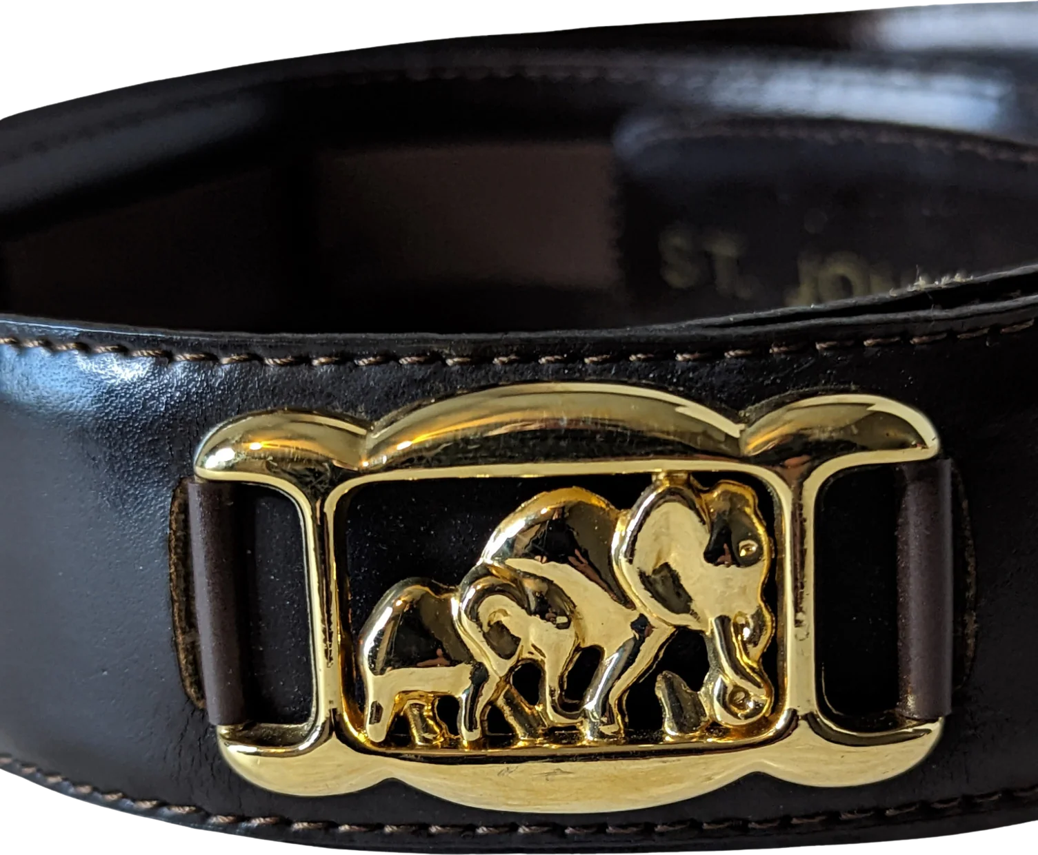 80s Black Leather And Gold Tone Elephant Safari Belt By St John - Image 2
