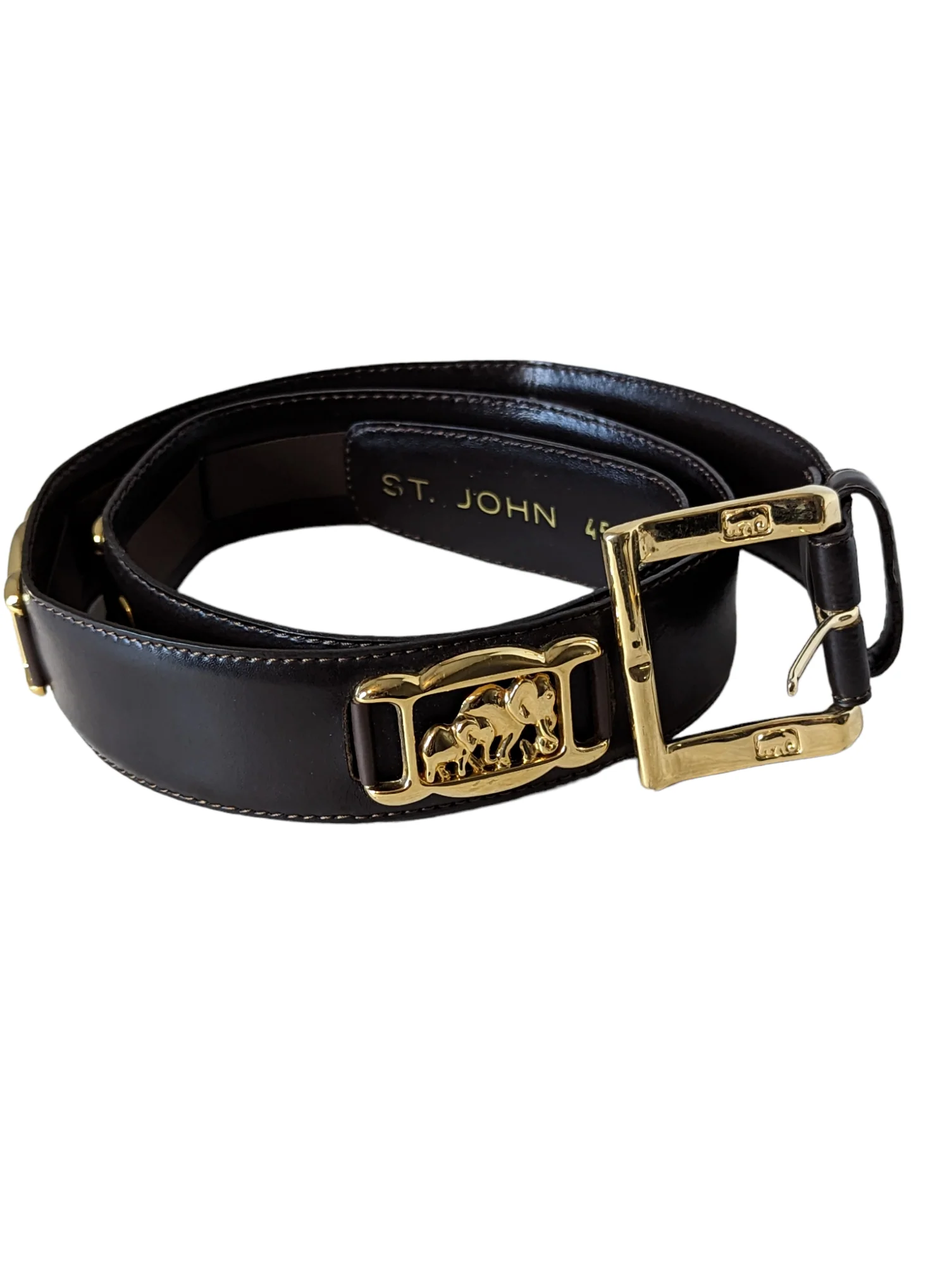 80s Black Leather And Gold Tone Elephant Safari Belt By St John - Image 3