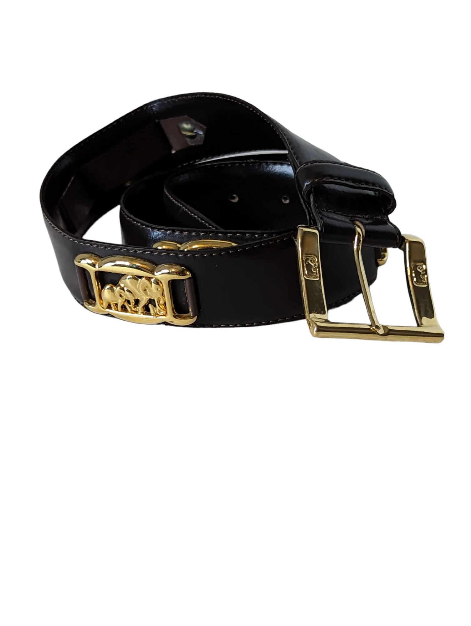80s Black Leather And Gold Tone Elephant Safari Belt By St John - Image 4