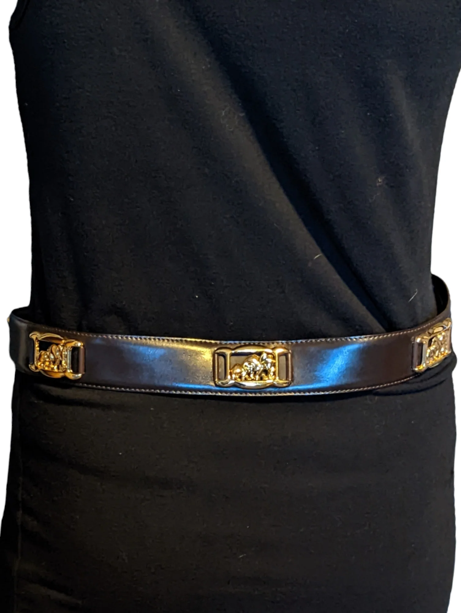 80s Black Leather And Gold Tone Elephant Safari Belt By St John - Image 7