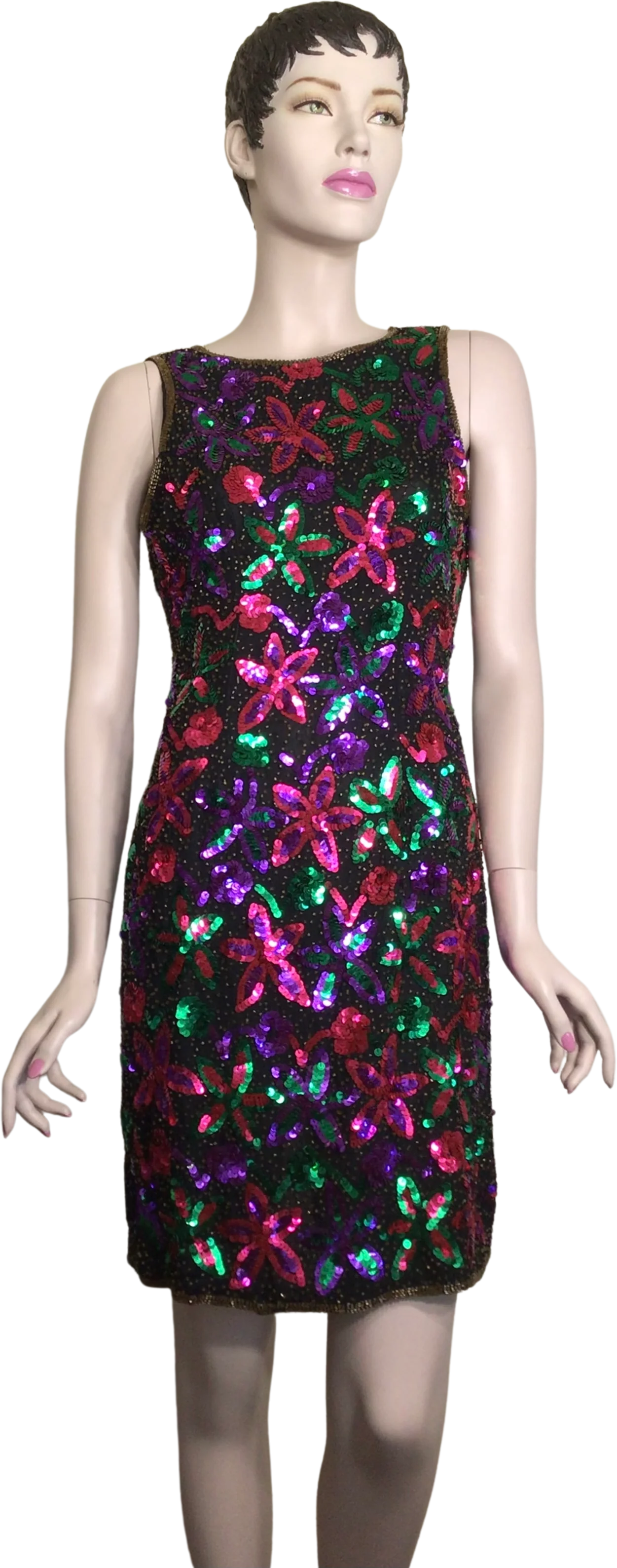 80s Black Multicolor Beaded Sequin Metallic Mini Dress
